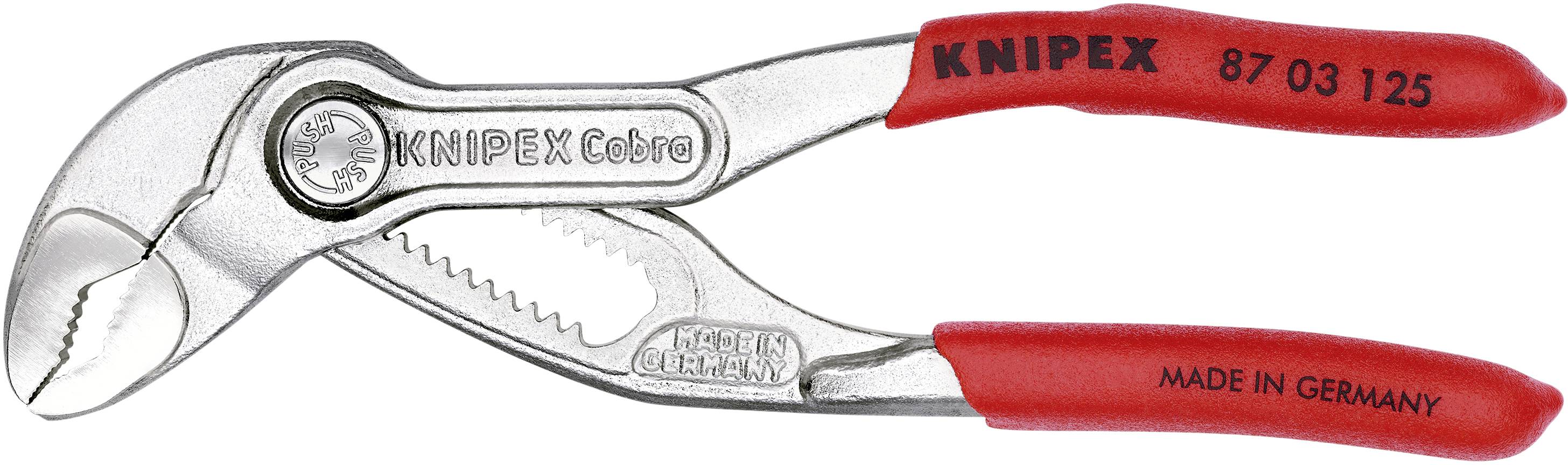 Wasserpumpenzange mit roten Griffen, beschriftet mit 'KNIPEX Cobra' und 'MADE IN GERMANY'. Modellnummer 87 03 125 ist sichtbar.