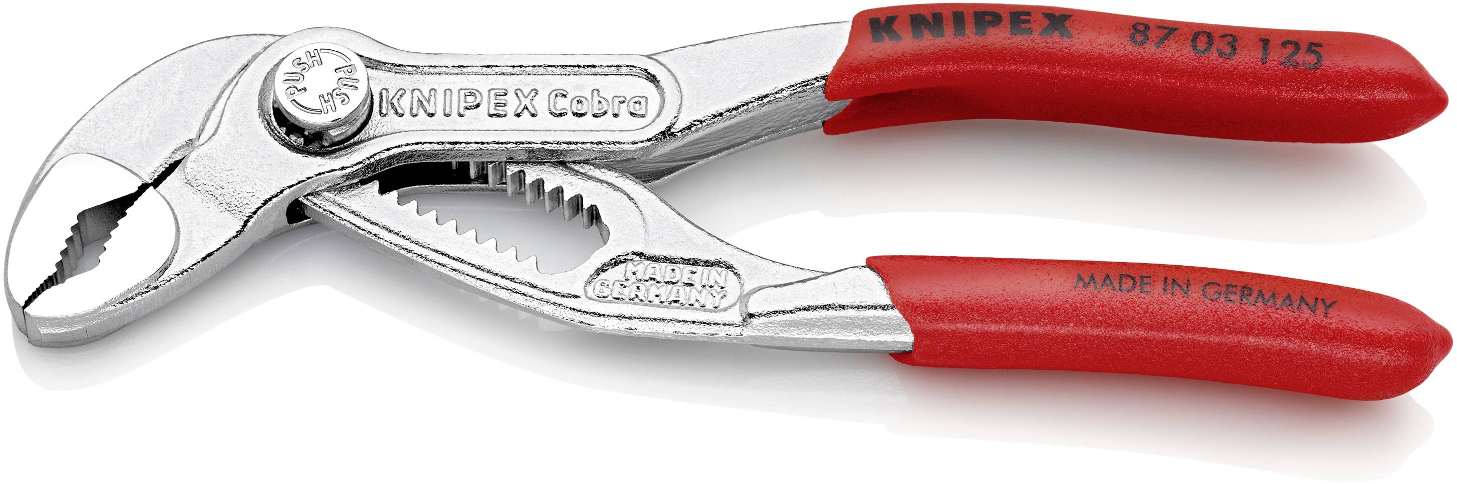 Eine Zange der Marke KNIPEX mit rotem Griff und einem silbernen, gezahnten Backenpaar. Text auf Griff: 'MADE IN GERMANY'.