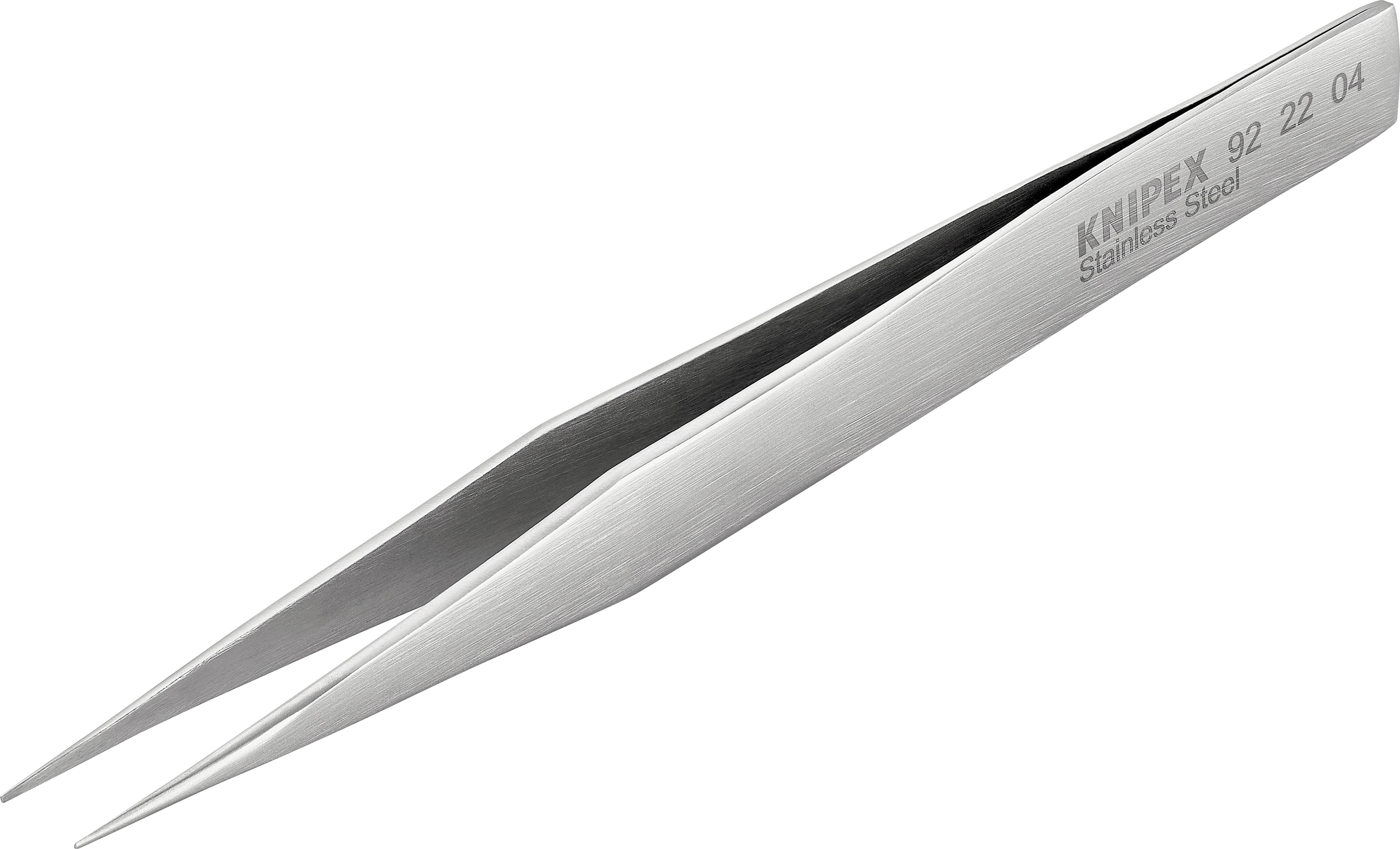 Eine spitze, silberne Pinzette aus rostfreiem Stahl liegt diagonal. Auf dem Griff sind 'Knipex' und eine Zahlenreihe aufgedruckt.