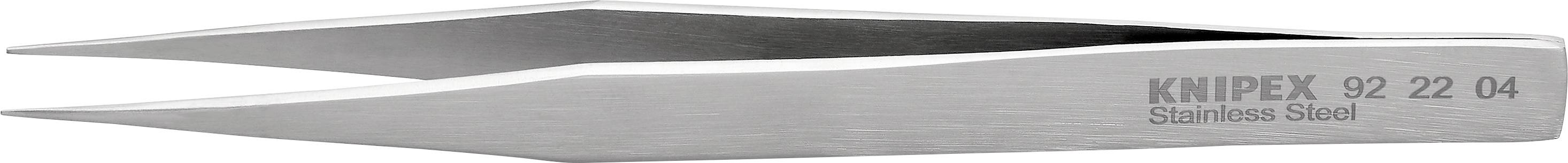 Silberne Präzisionspinzette aus rostfreiem Stahl, seitlich abgebildet, mit der Aufschrift 'Knipex 82 22 04 Stainless Steel'.