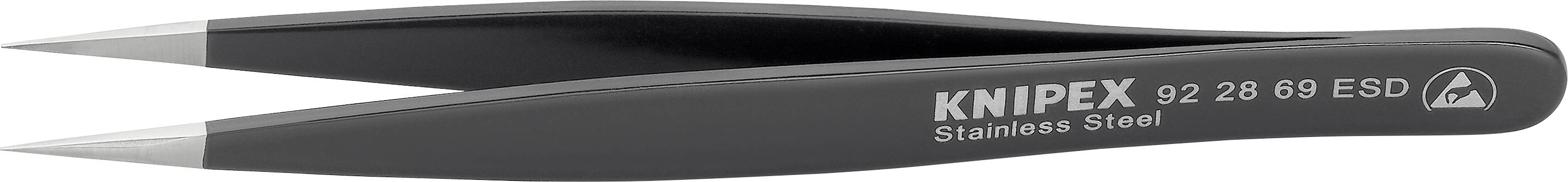 Schwarze Präzisionspinzette aus Edelstahl mit der Markenaufschrift 'Knipex 92 28 69 ESD'.