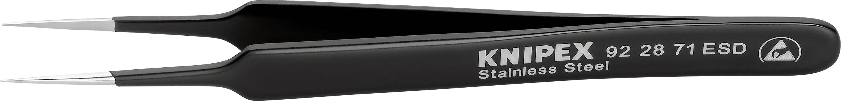 Schwarze, antistatische Edelstahl-Pinzette von Knipex mit der Aufschrift 'KNIPEX 92 28 71 ESD', geeignet für empfindliche elektronische Bauteile.