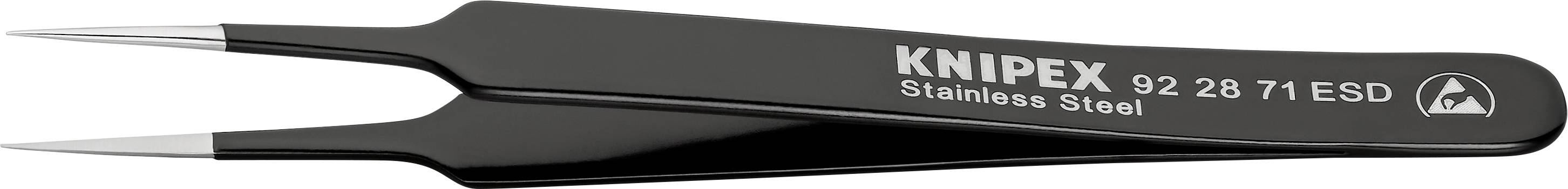 Schwarze Edelstahlpinzette mit der Aufschrift 'KNIPEX Stainless Steel 92 28 71 ESD', geeignet für empfindliche Elektronikarbeiten.