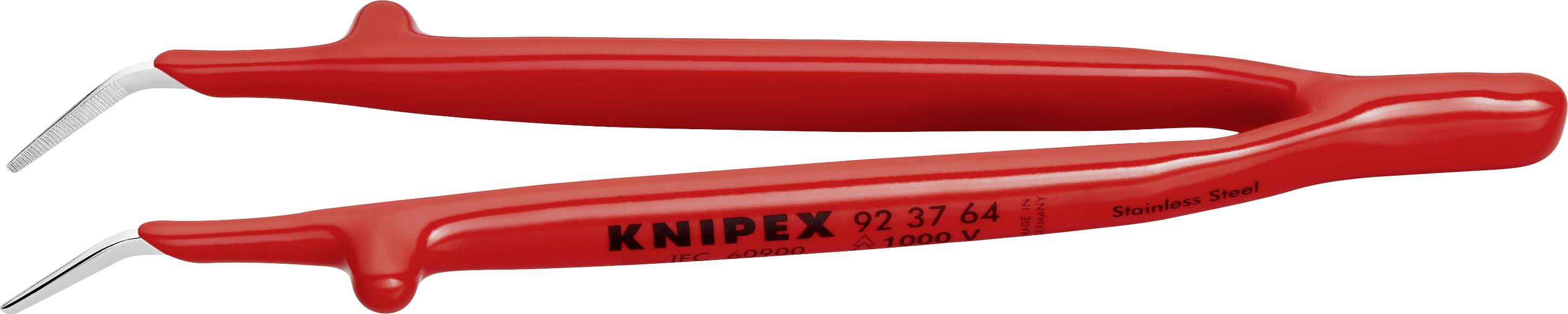 Rote Präzisionszange mit gebogenen Spitzen, geeignet für feine Montagearbeiten. Aufschrift: 'KNIPEX 92 37 64'.