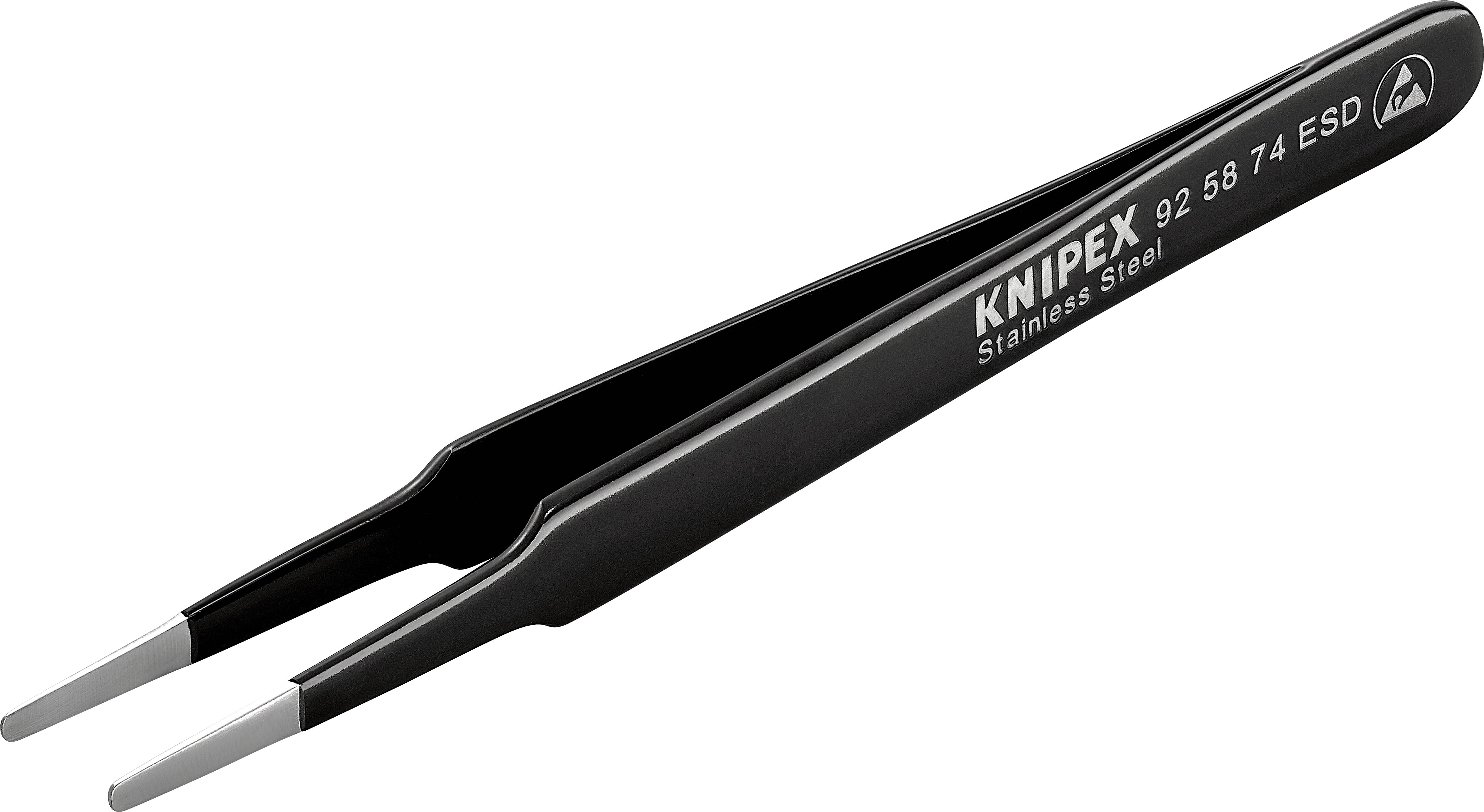 Schwarze Edelstahlspitzpinzette von Knipex, Modellnummer 92 58 74 ESD, geeignet für elektrostatisch empfindliche Arbeiten.
