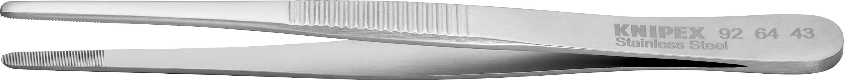 Eine Edelstahlpinzette mit feiner Spitze, seitlich liegend, mit Aufschrift 'Knipex 02 04 43 Stainless Steel' auf dem Griff.