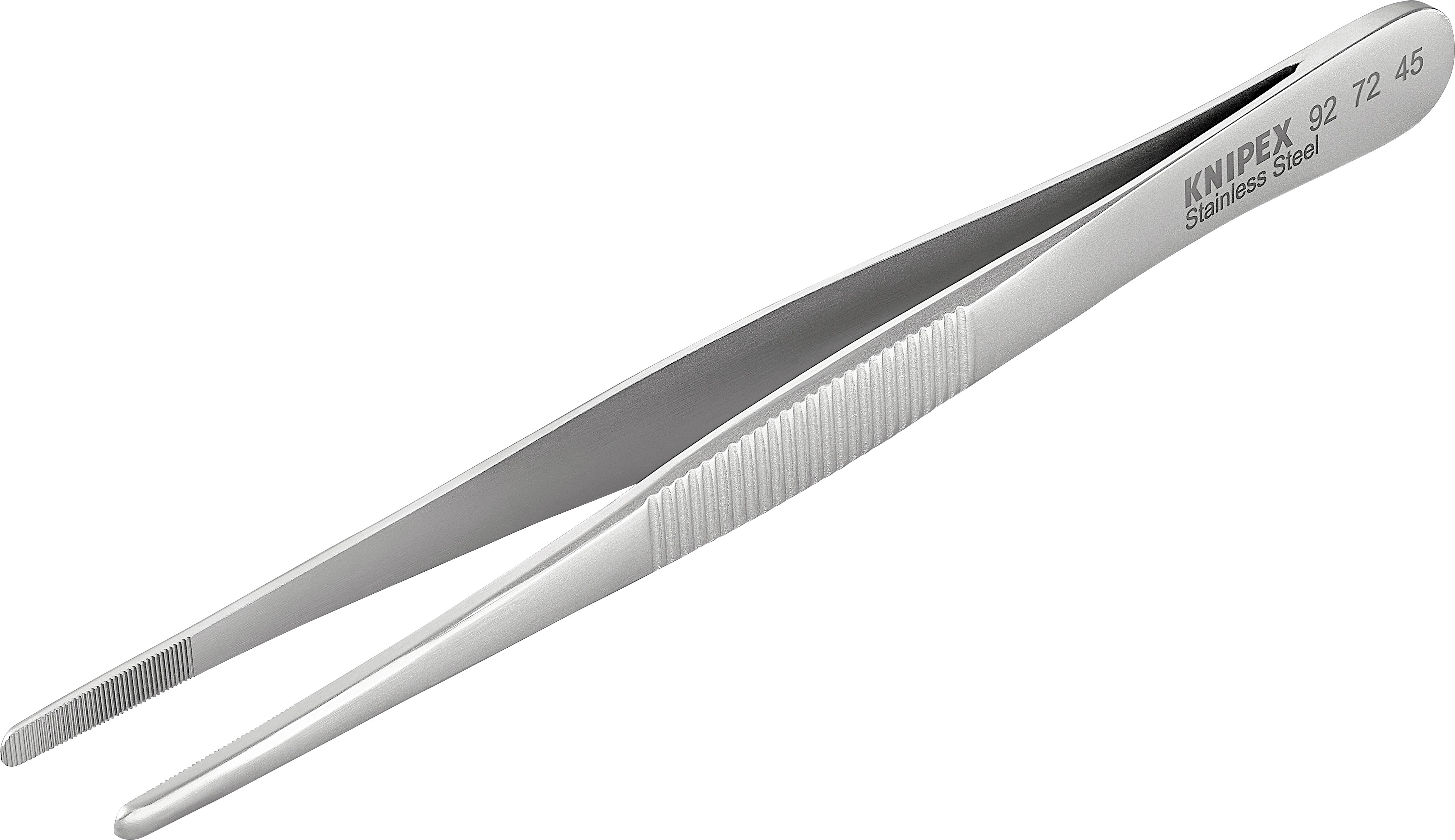 Metallpinzette mit geriffeltem Griff und schmaler, spitzer Spitze, geeignet für präzises Greifen von kleinen Gegenständen.