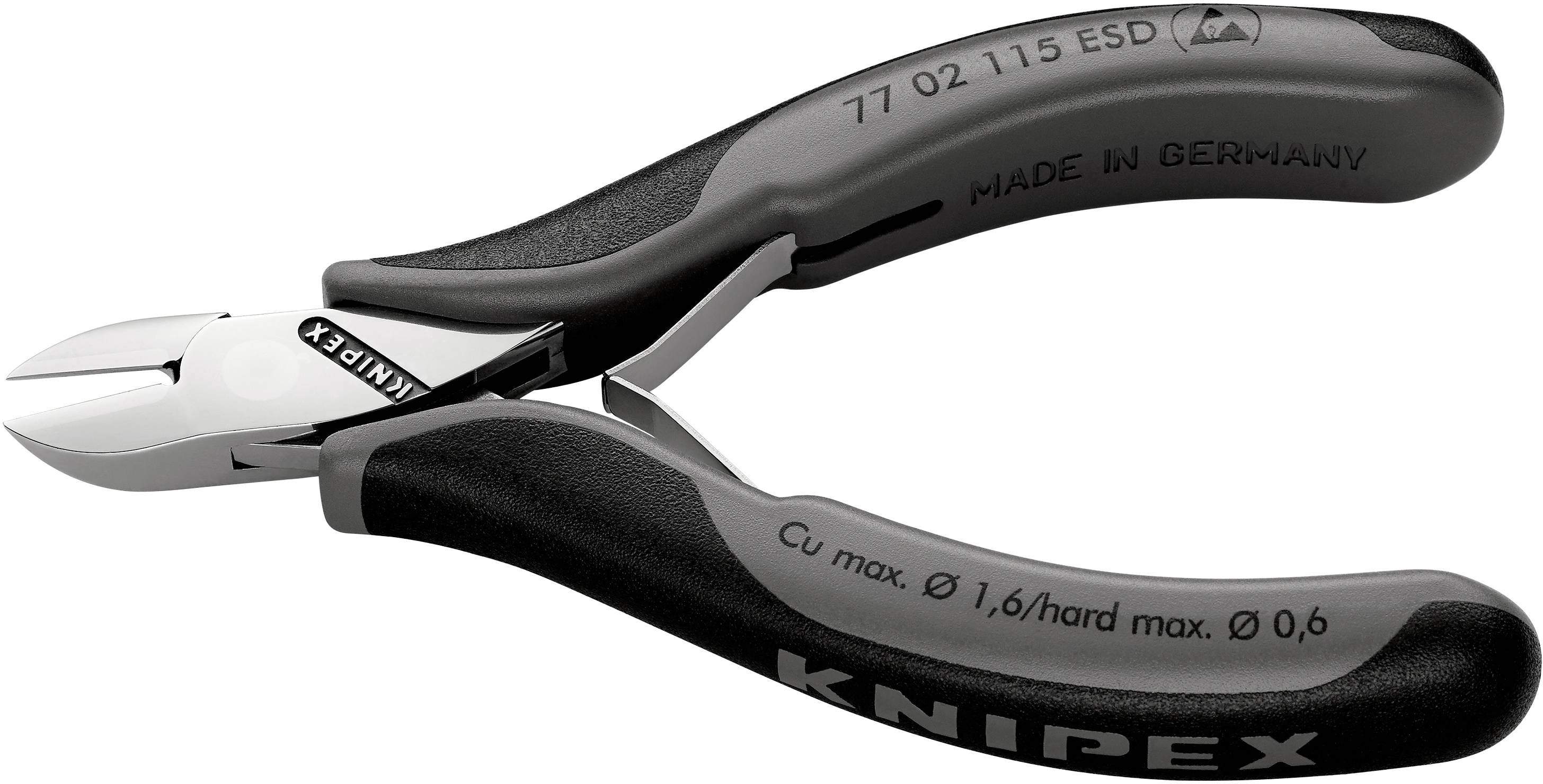 Eine Knipex-Seitenschneiderzange mit schwarzen Griffen und Aufschrift 'Made in Germany'. Geeignet für maximal 0,6 mm harten Draht.