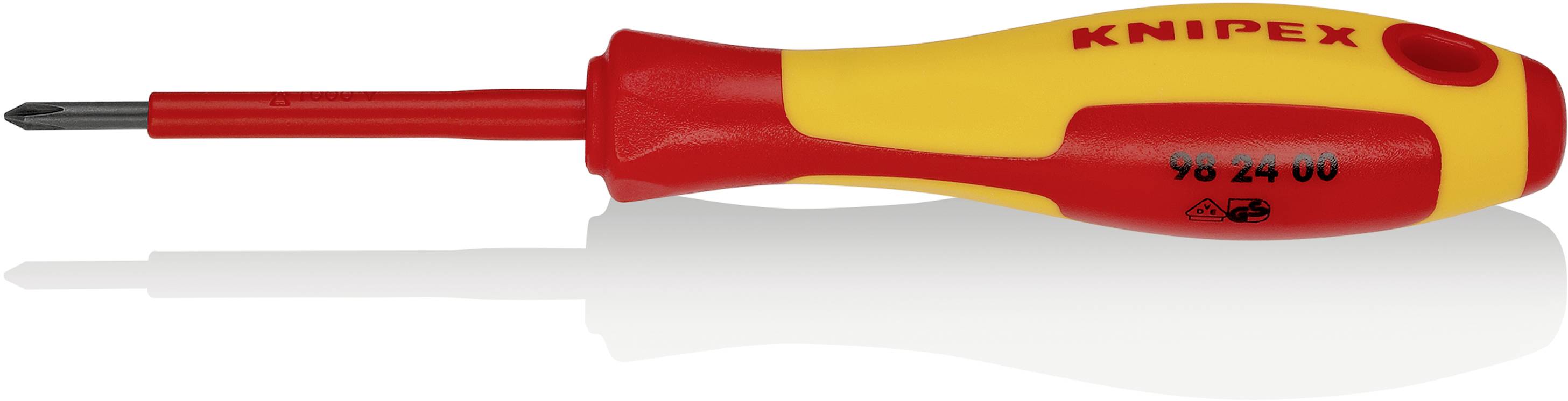 Gelb-roter Schraubendreher mit isoliertem Griff, Marke 'KNIPEX', geeignet für elektrische Arbeiten.