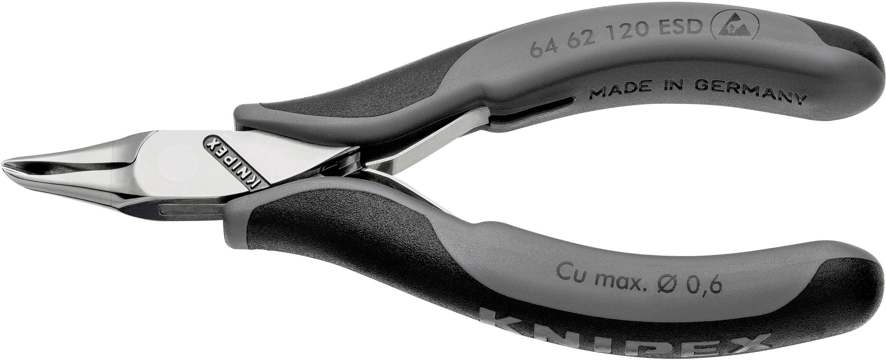 Zange mit ergonomischen Griffen, Aufschrift 'Knipex', Grautöne, Beschriftung 'Made in Germany', geeignet für feine Elektronikarbeiten.