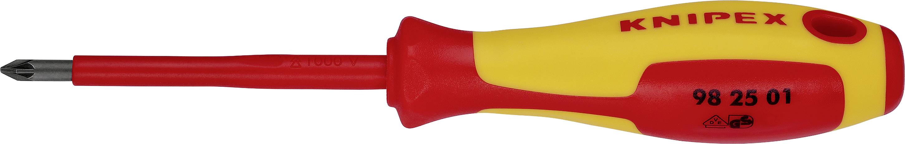 Ein gelb-roter Phillips-Schraubendreher mit isoliertem Griff der Marke Knipex, Nummer '98 25 01', geeignet für elektrische Arbeiten.
