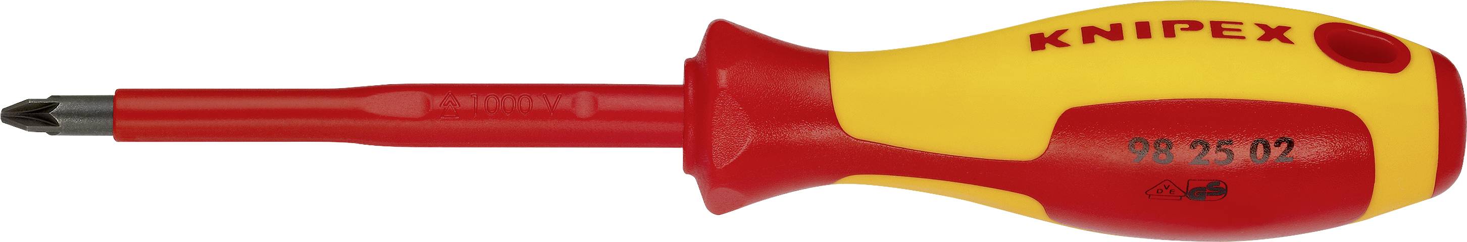 'KNIPEX' Isolierter Schraubendreher mit rotem und gelbem Griff, geeignet für Arbeiten an elektrischen Geräten, mit Kreuzschlitz.
