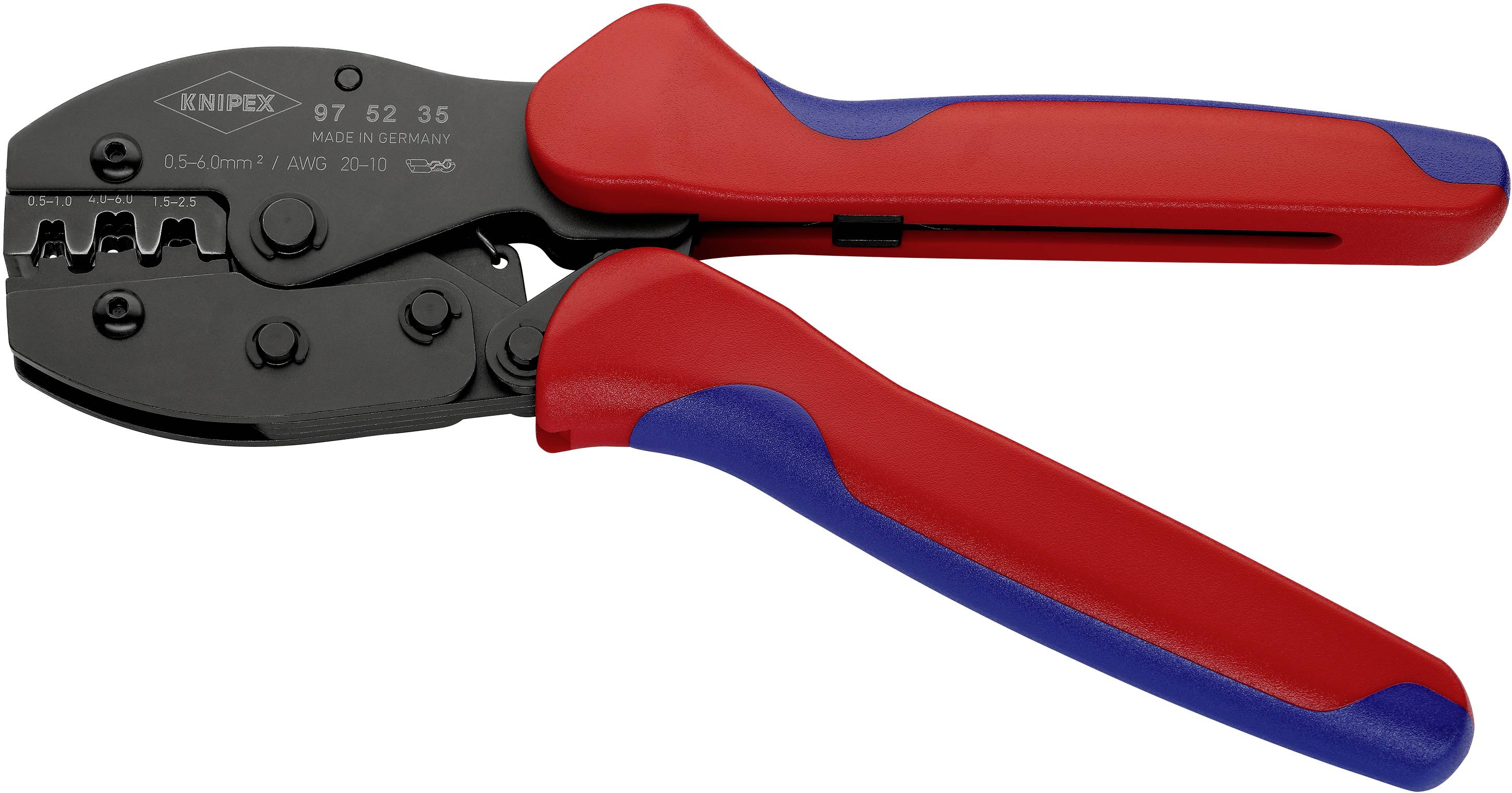 Eine rote und blaue Crimpzange für Kabelverbindungen. Der Griff ist ergonomisch geformt. Geeignet für verschiedene Drahtgrößen.