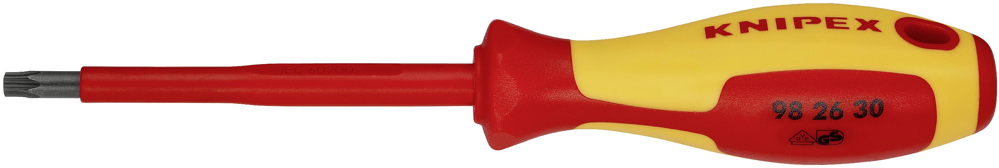 Ein isolierter Schraubendreher mit gelbem Griff, rotem Schaft und Torx-Spitze. Griff mit 'Knipex' beschriftet.