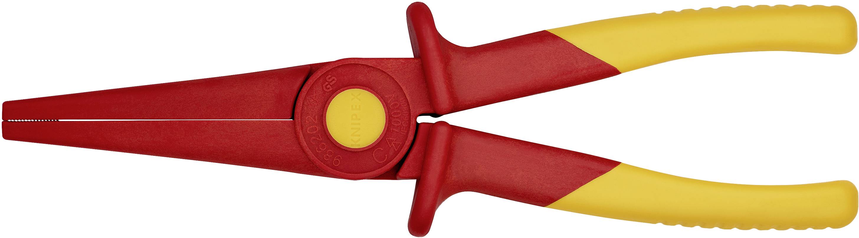 Rote und gelbe isolierte Spitzzange auf weißem Hintergrund. Ideal für elektrische Arbeiten aufgrund der Isolierung.