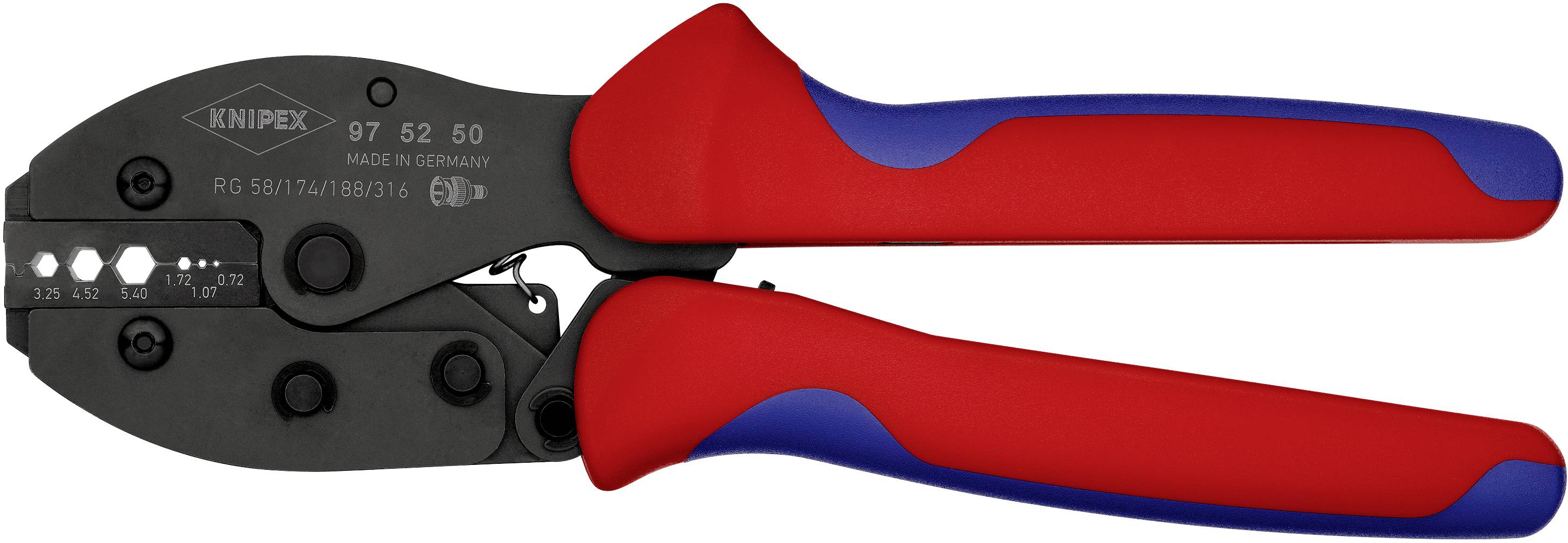 Crimpzange mit roten und blauen Griffen, hergestellt von Knipex. Die Zange ist für das Verpressen von Kabelverbindungen ausgelegt.