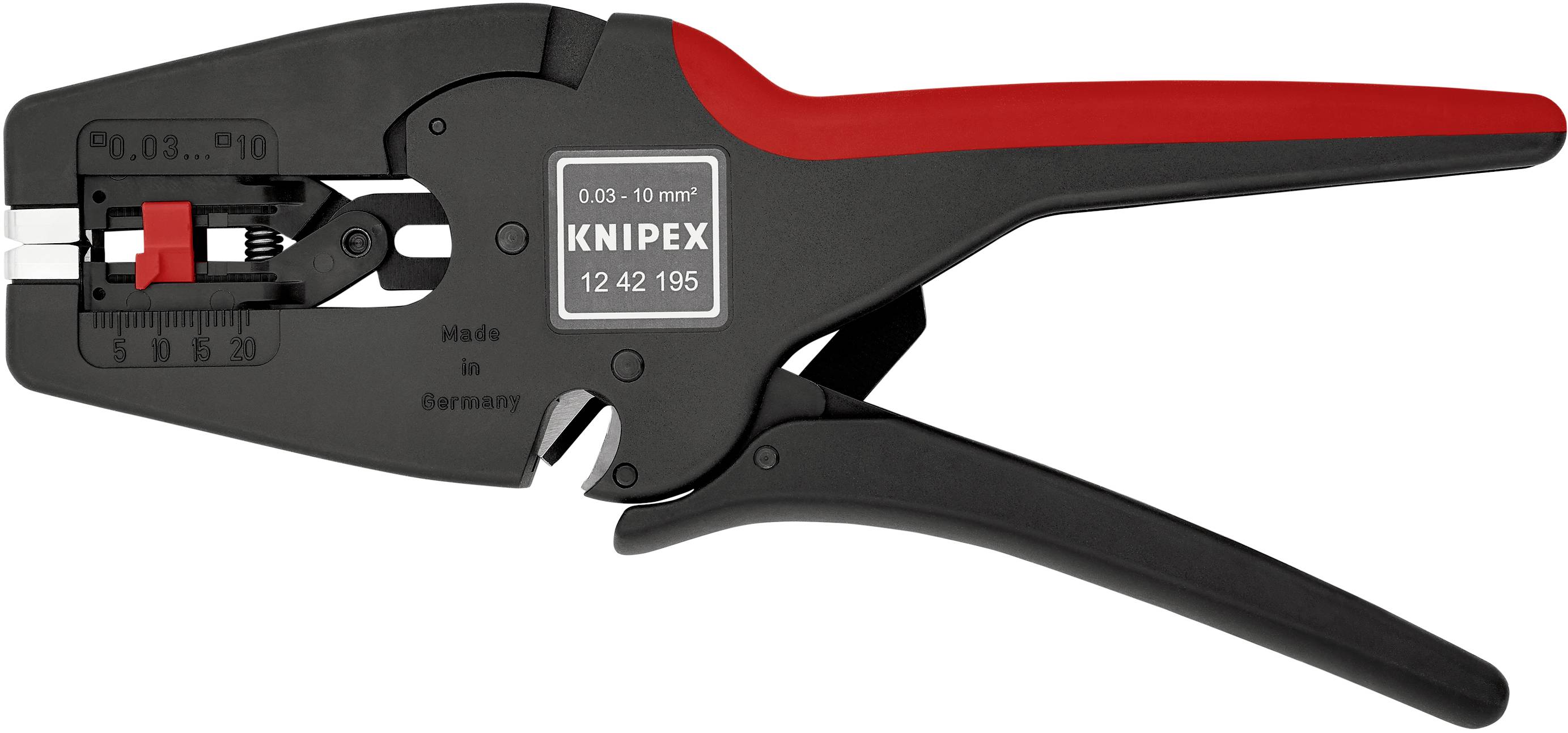 Abisolierzange von Knipex für Kabeldurchmesser von 0,03 bis 10 mm², schwarz mit rotem Griff, hergestellt in Deutschland.