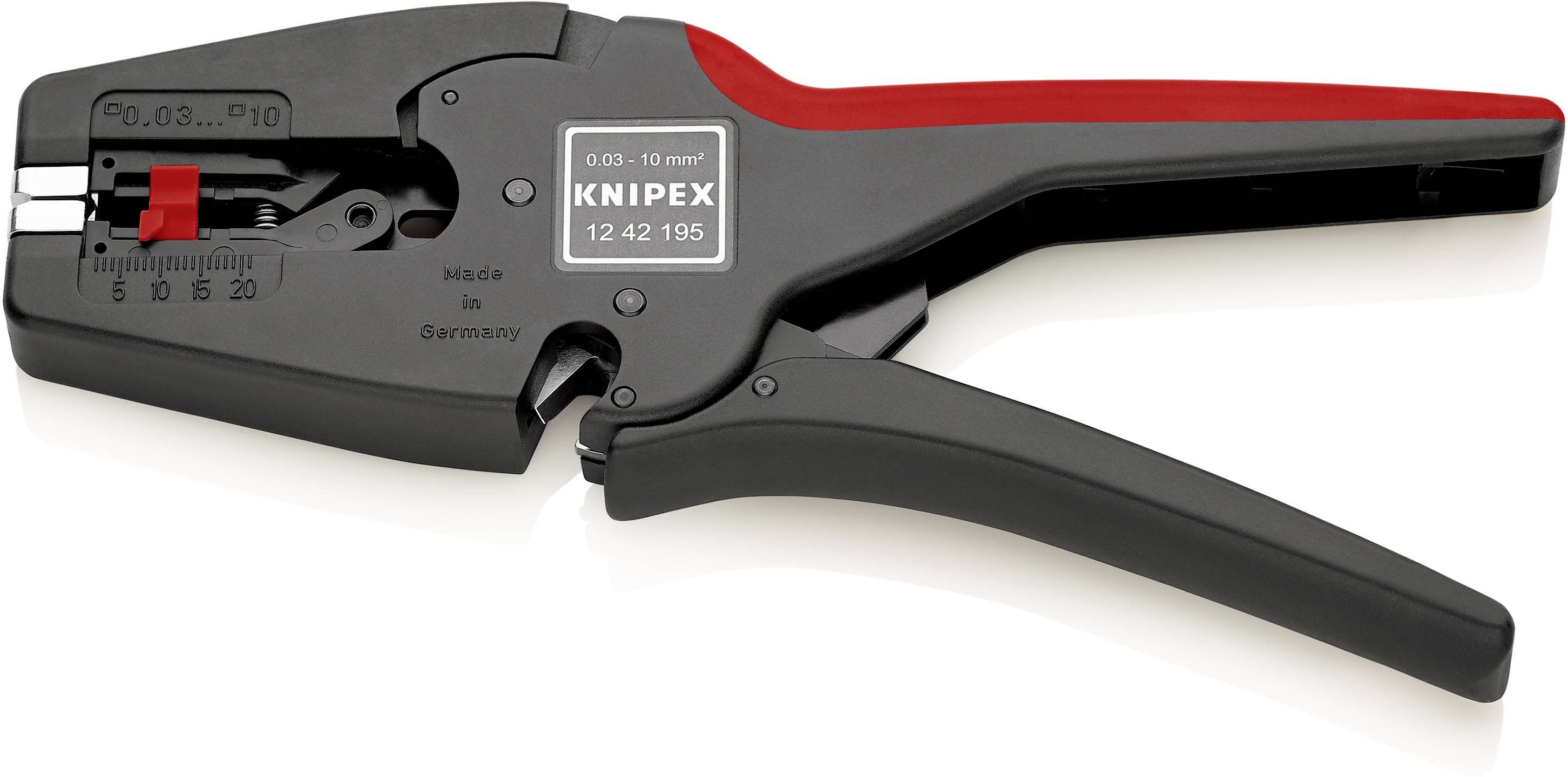 Abisolierzange der Marke Knipex mit rotem und schwarzem Griff, geeignet für Kabel von 0,03 bis 10 mm².