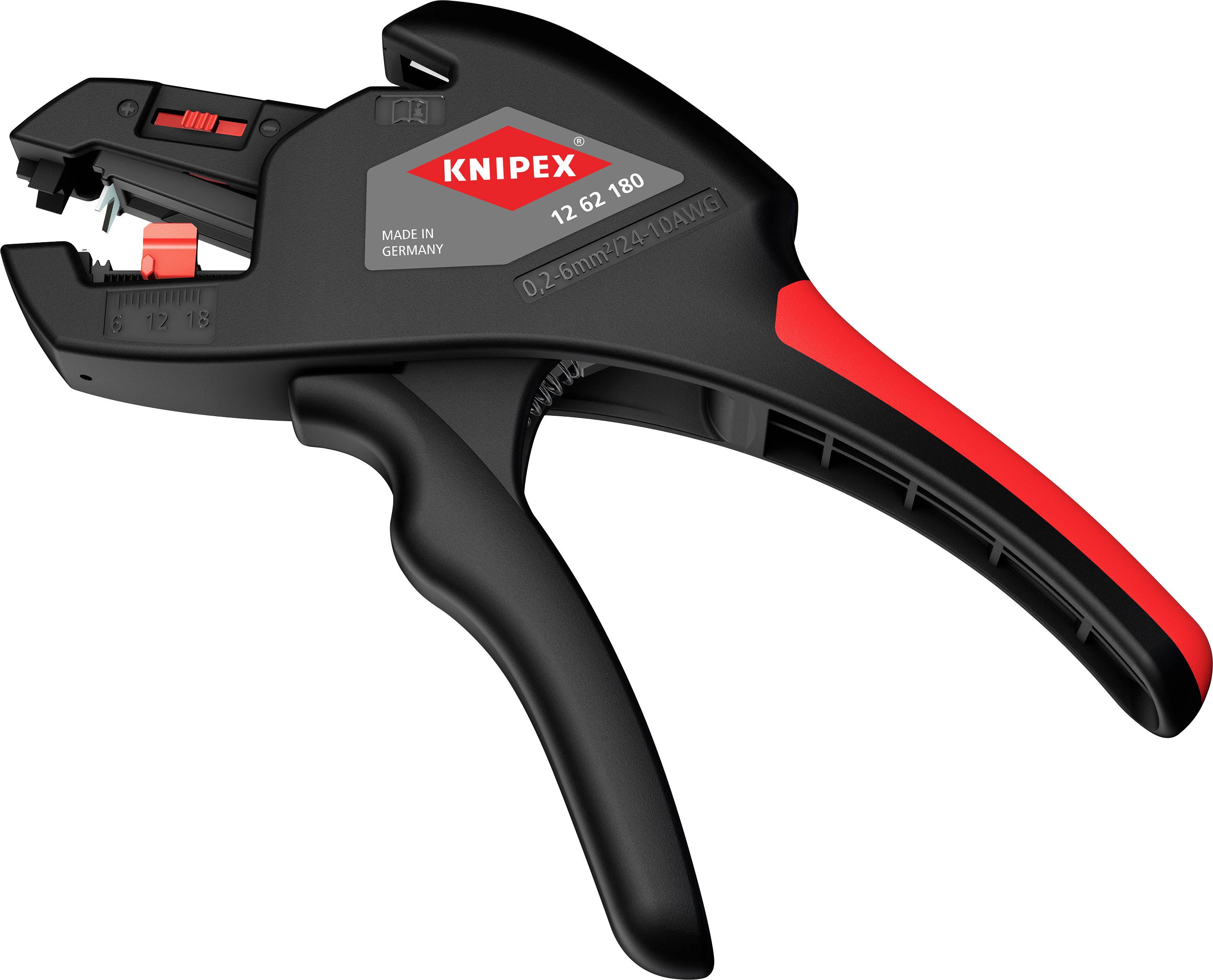 Ein schwarzer und roter Knipex Abisolierwerkzeug, Modell 12 62 180, hergestellt in Deutschland, mit ergonomischem Griff und Klingenanpassungsfunktion.