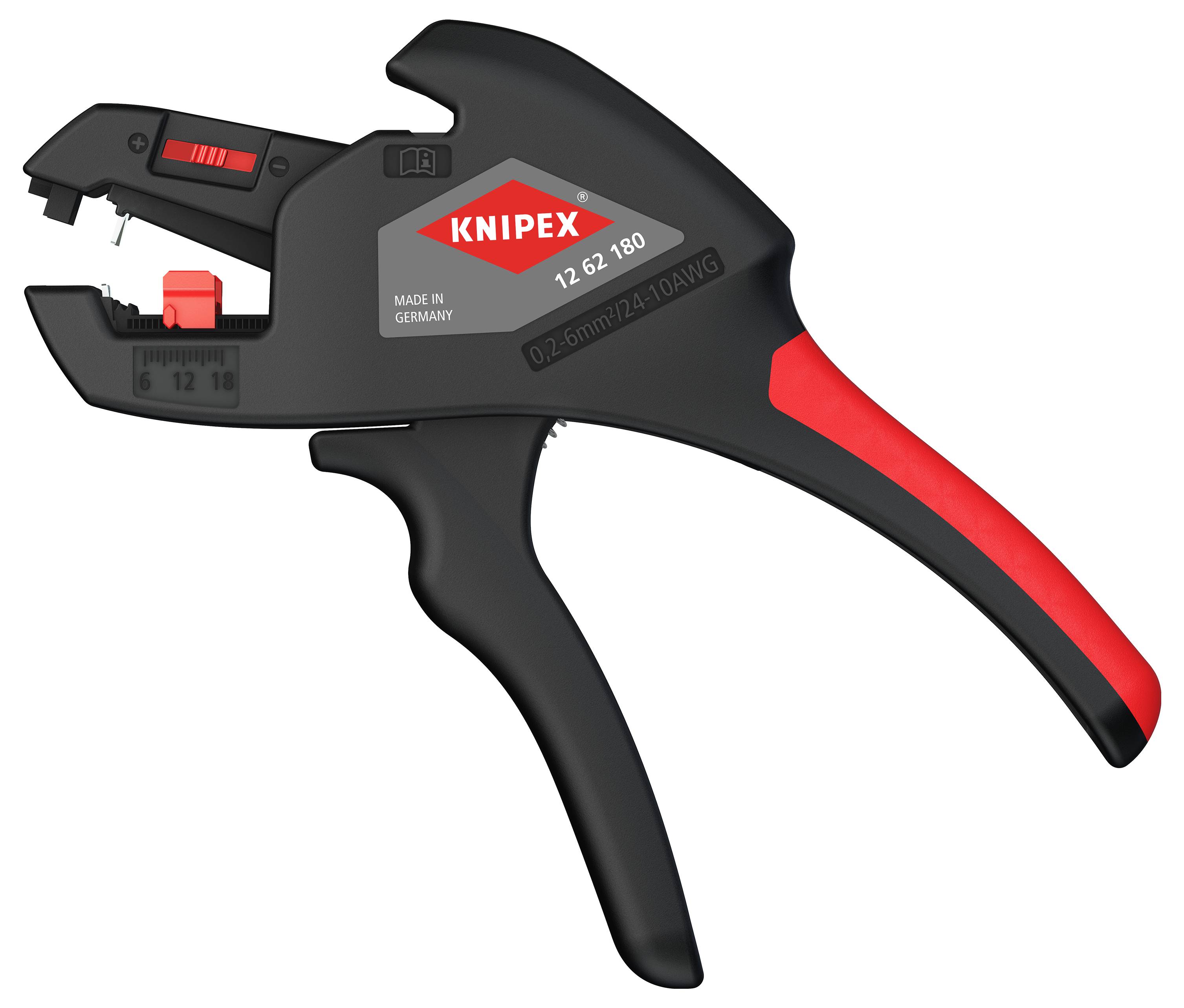 Ein schwarzer und roter Abisolierer mit einstellbaren Gauge-Einstellungen, beschriftet mit 'Knipex 12 62 180', ausgestattet mit einem präzisen Schneidmechanismus.