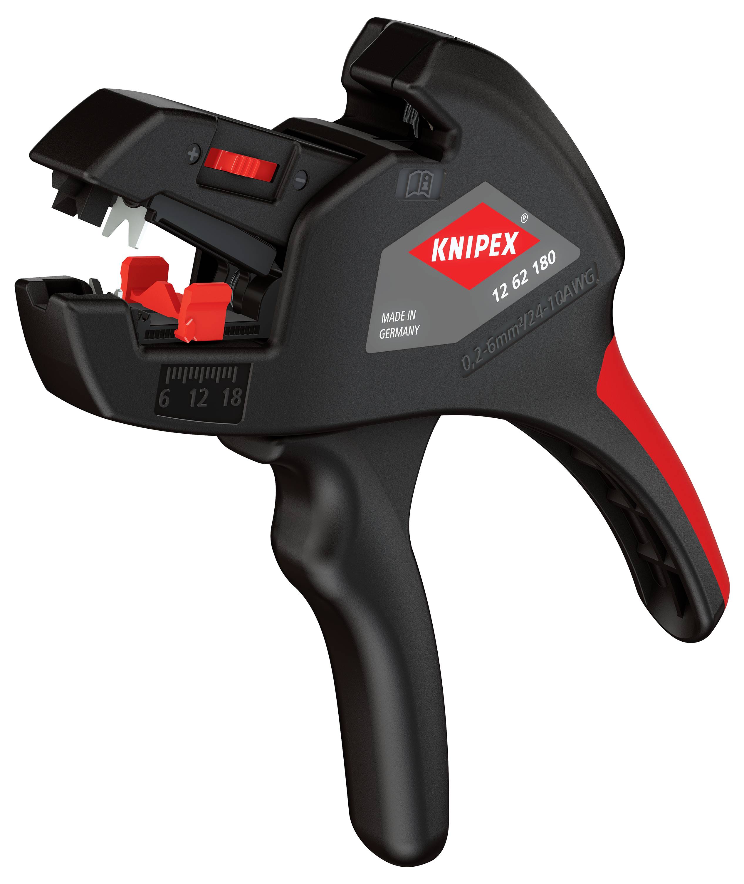 Abisolierzange mit schwarzem und rotem Design, beschriftet mit 'Knipex 12 62 150', mit Messskala versehen.