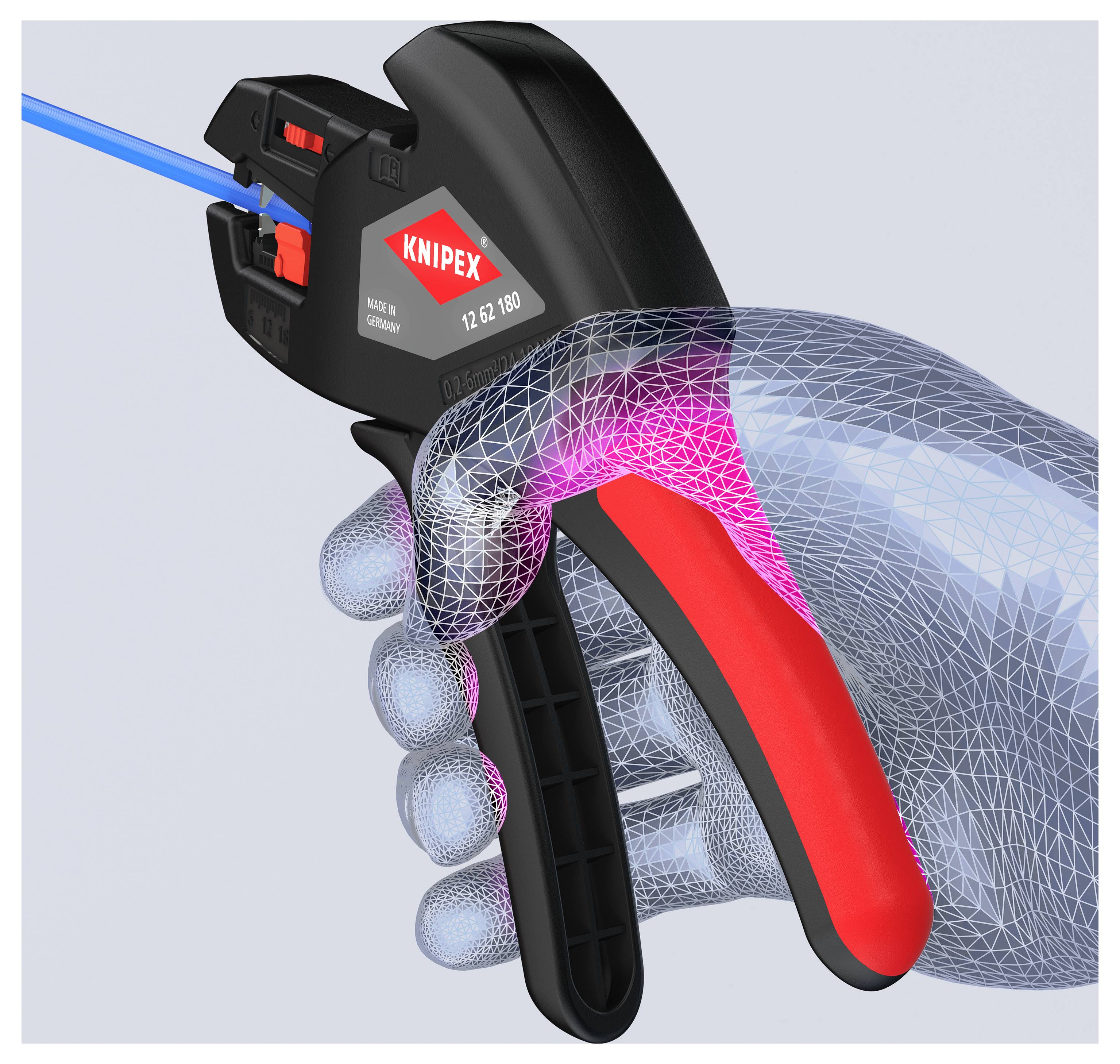 Ein Werkzeug in einer durchsichtigen Hand simuliert den Griff an einem Abisolierwerkzeug und betont das ergonomische Design und die Funktionalität.