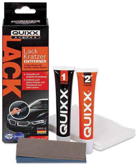 Quixx Lackkratzerentferner-Set: Zwei Tuben Reparatur- und Finisher-Lösung, Schleifpapier, Tuch. Zur Reparatur von Autolackkratzern.