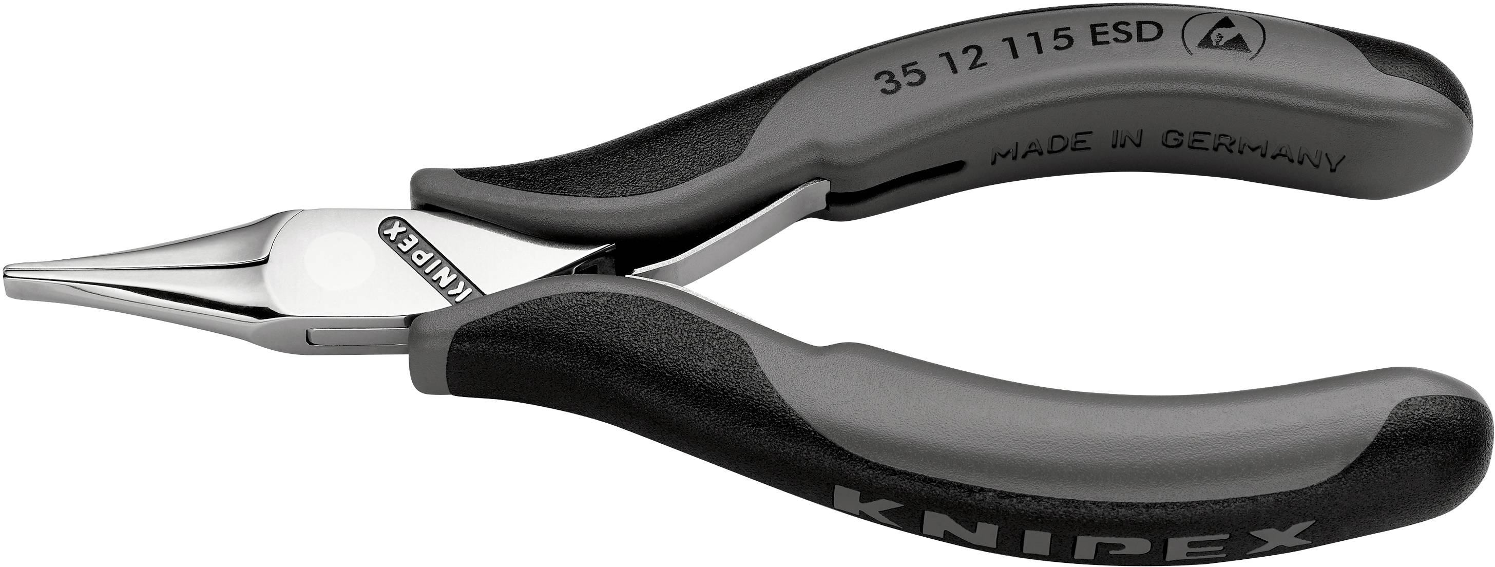 Eine spitze Zange mit schwarzem und grauem Griff, hergestellt in Deutschland, Marke Knipex.