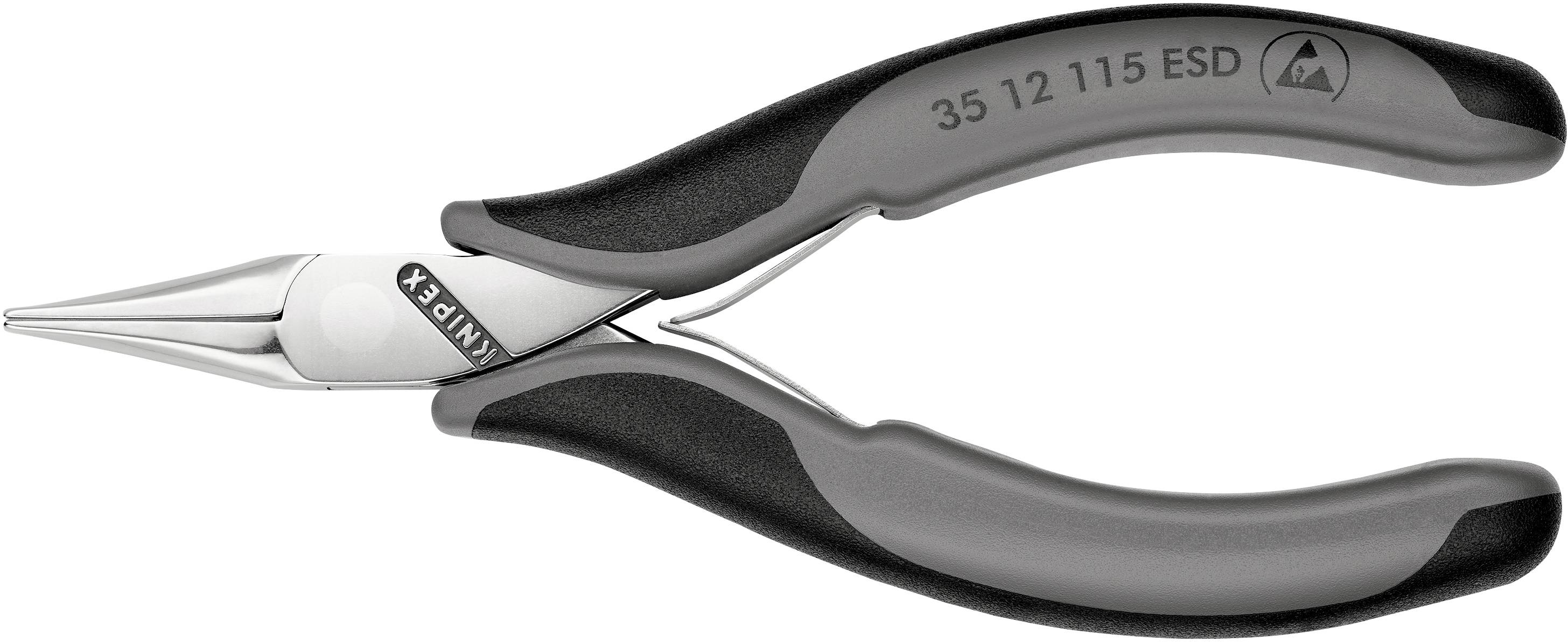 Zange mit schwarzen Griffen und spitzen Backen, Modellnummer '35 12 115 ESD'. Geeignet für präzise Arbeiten an empfindlichen Teilen.