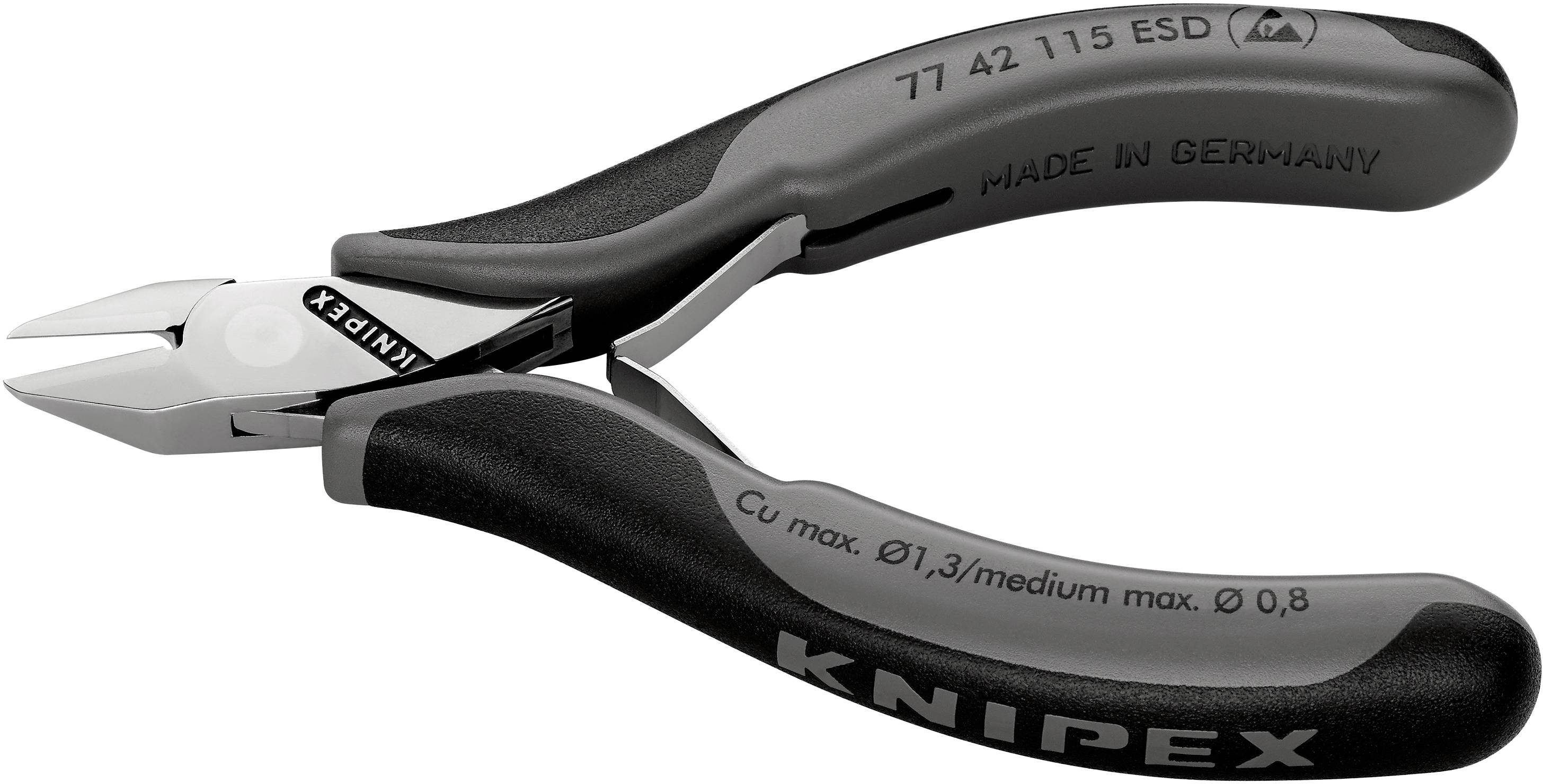 Eine schwarze Zange mit der Aufschrift 'Knipex' auf dem Griff. Sie ist für präzises Schneiden geeignet und stammt aus Deutschland.