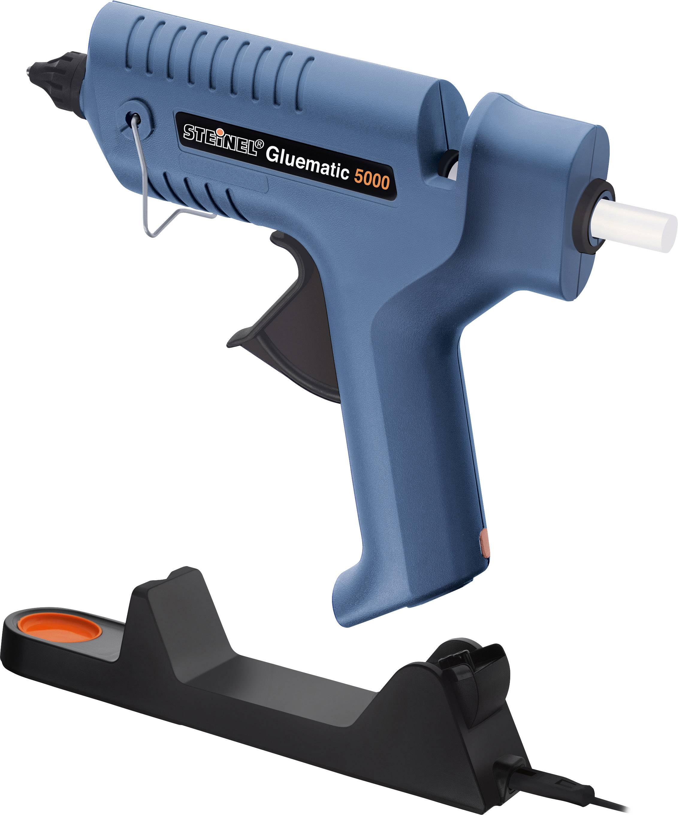Heißklebepistole in Blau mit schwarzem Standfuß. Geeignet zum Verbinden von Materialien durch schmelzbaren Klebstoff.