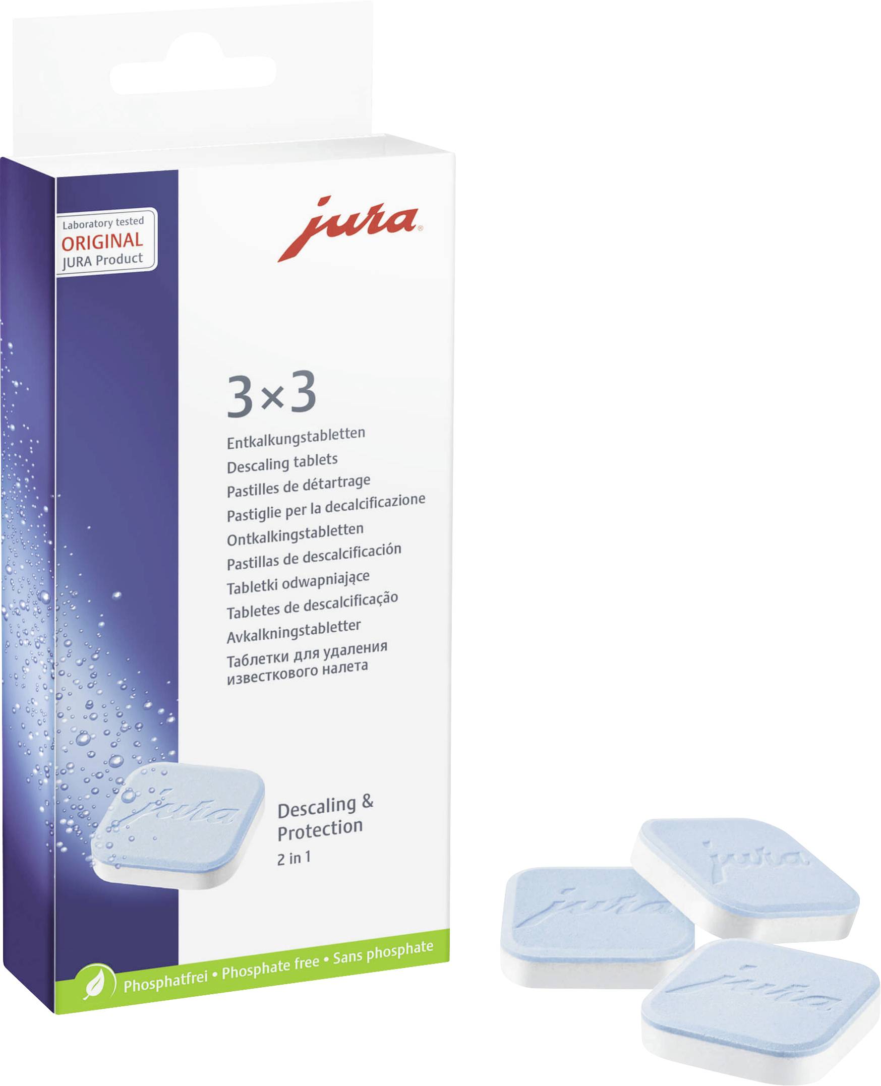 Packung Jura Entkalkungstabletten, 3x3 Tabletten. Zum Entfernen von Kalkablagerungen in Kaffeemaschinen.