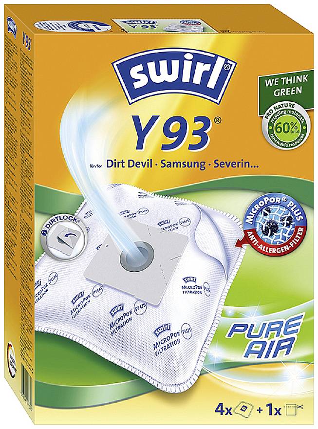 'Swirl Y93' Staubsaugerbeutel-Verpackung für Modelle wie Dirt Devil und Samsung. Betont MikroPor Plus-Filtration und Umweltfreundlichkeit.