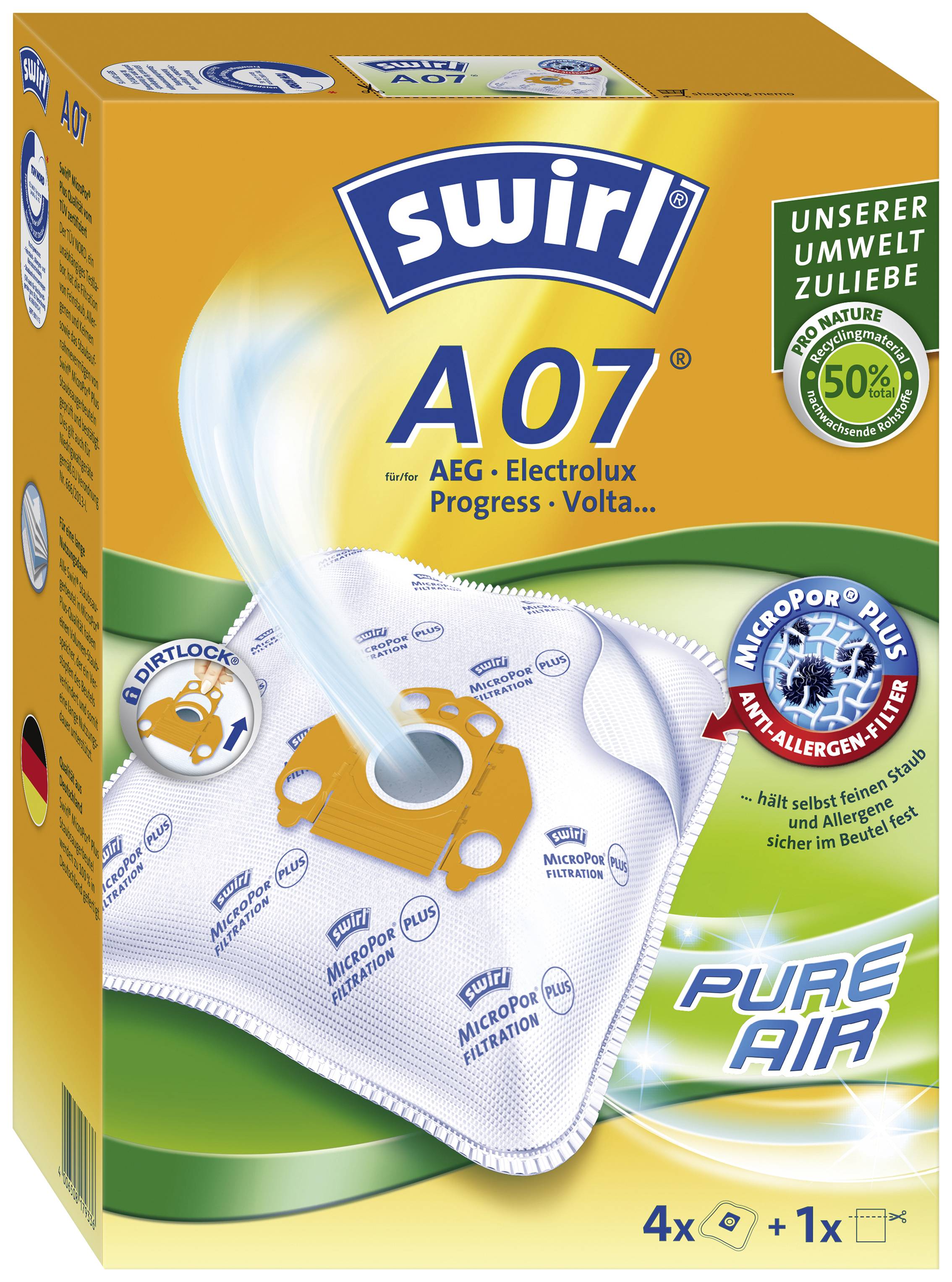 Packung Staubsaugerbeutel von Swirl, Modell A 07, geeignet für AEG, Electrolux, Progress und Volta. Enthält 4 Beutel und 1 Filter. 50% Recyclinganteil.