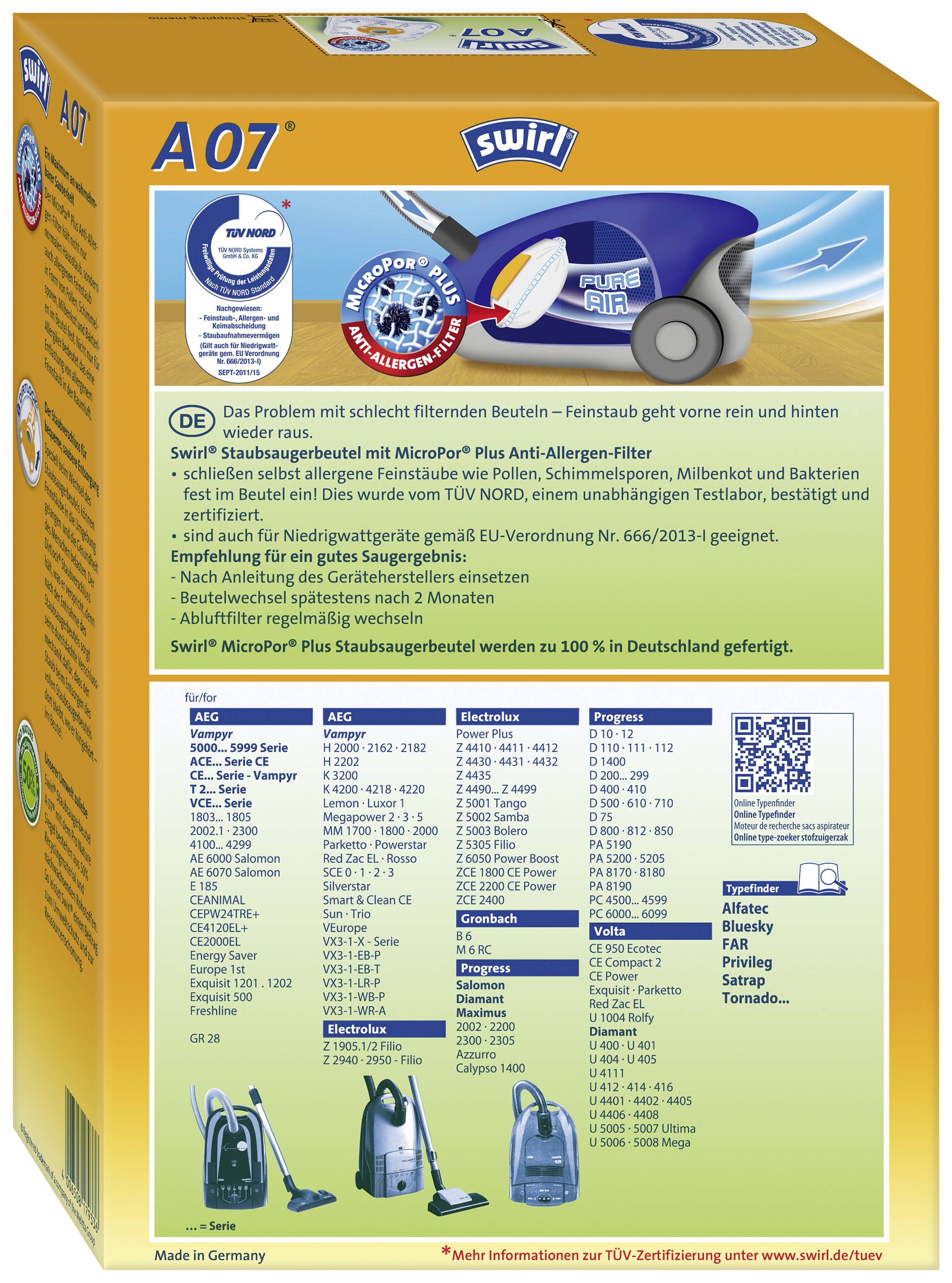 Verpackungsrückseite eines Staubsaugerbeutels A07 von Swirl. Features: MicroPor Plus Filter, Anti-Allergen-System, TÜV-geprüft, recyclingfähig. Abbildung eines kompatiblen Staubsaugers.