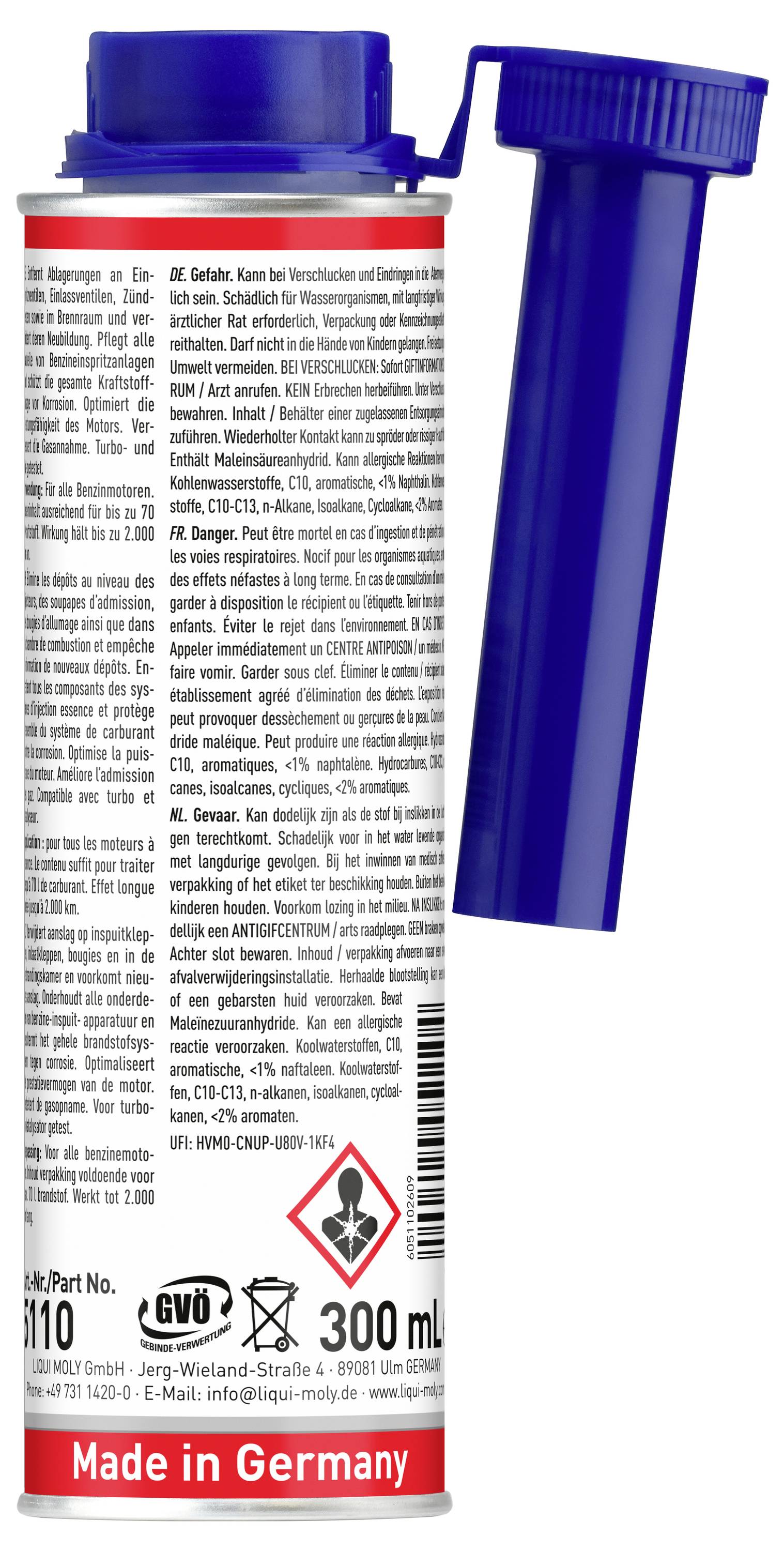 Blauer Kunststoffbehälter mit angebrachtem reagenzglasförmigem Rohr mit Schraubverschluss, gekennzeichnet mit „300 ml" und „Made in Germany".