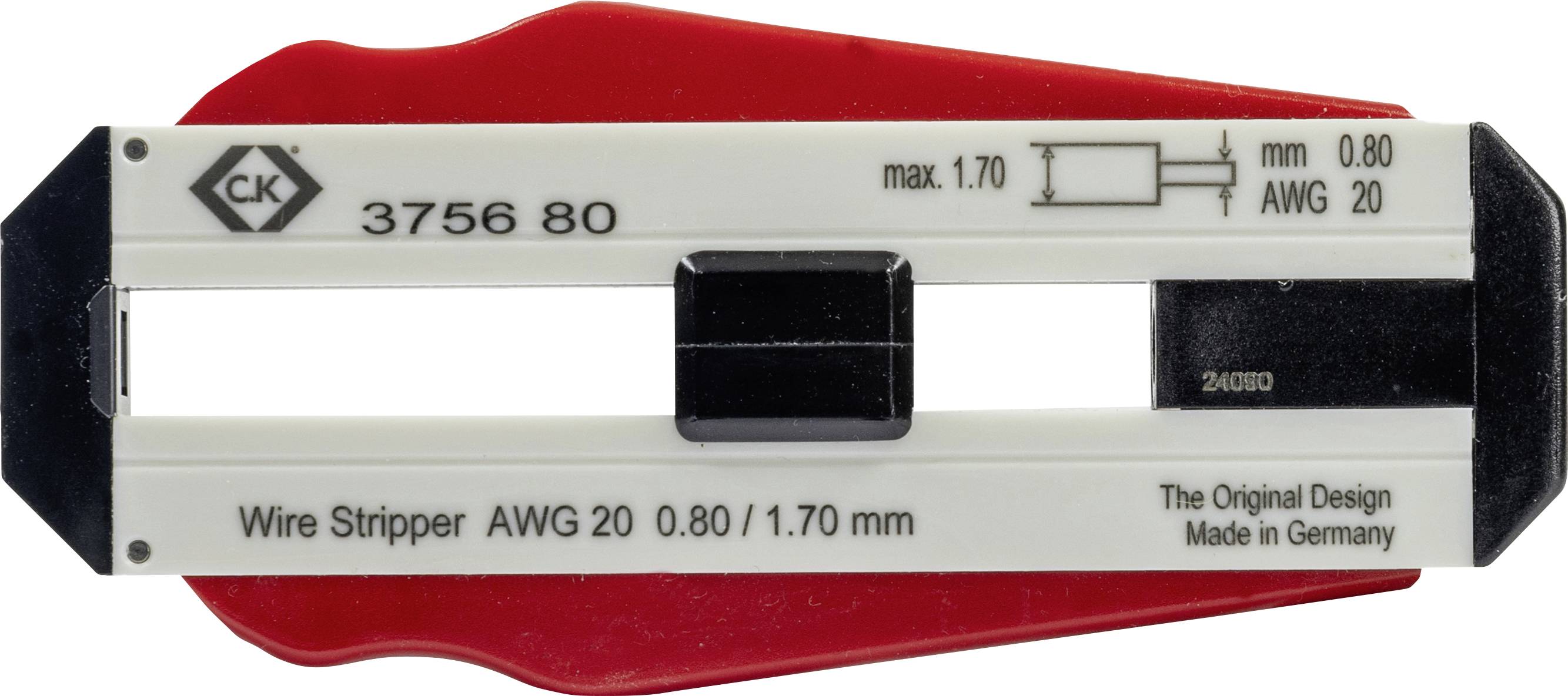 Abisolierzange aus Metall und Kunststoff, geeignet für AWG 20, 0,80/1,70 mm Kabel; hergestellt in Deutschland.