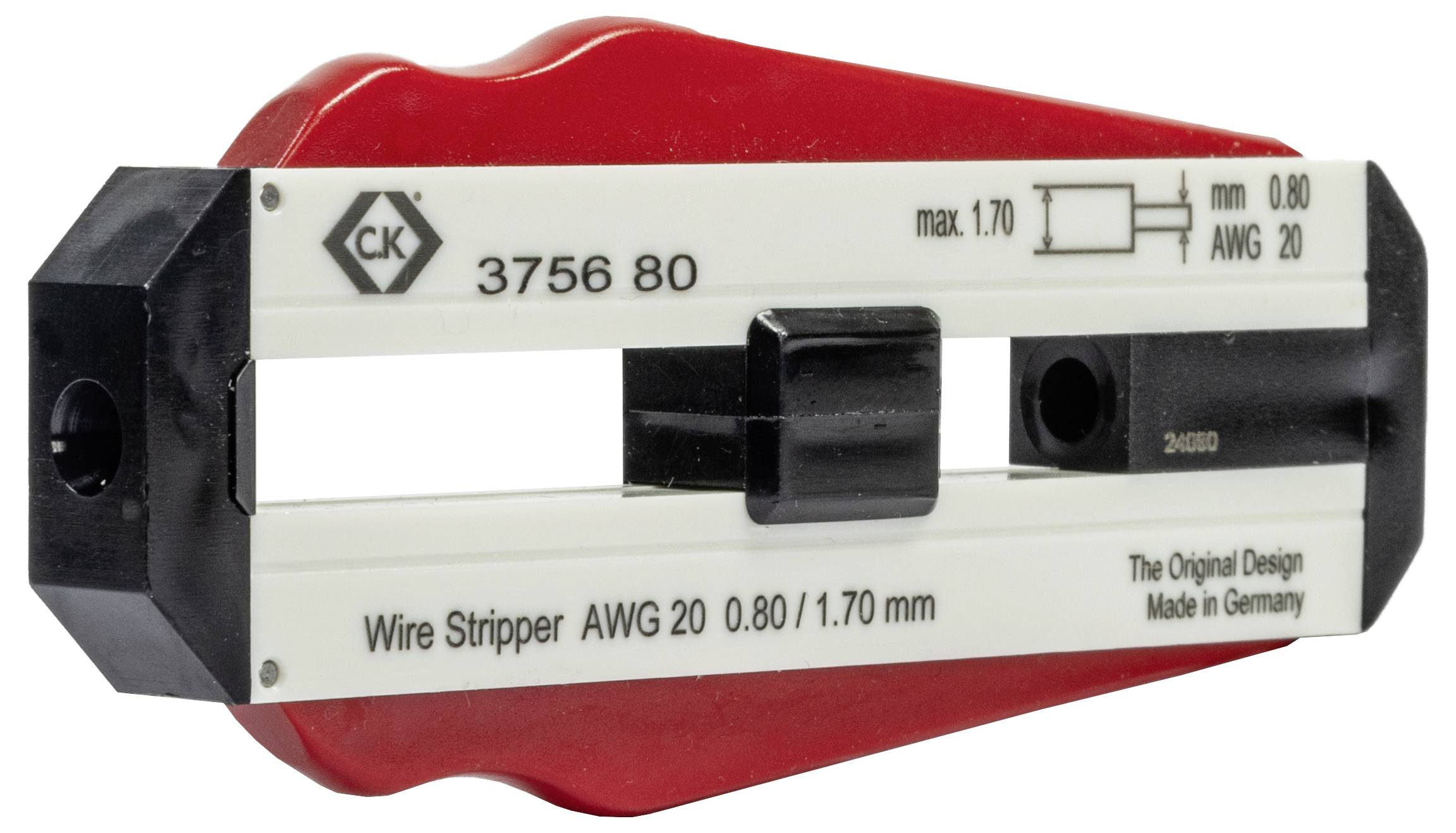 Drahtabisolierer mit roten und schwarzen Griffen, geeignet für AWG 20, 0,80/1,70 mm. Hergestellt in Deutschland.