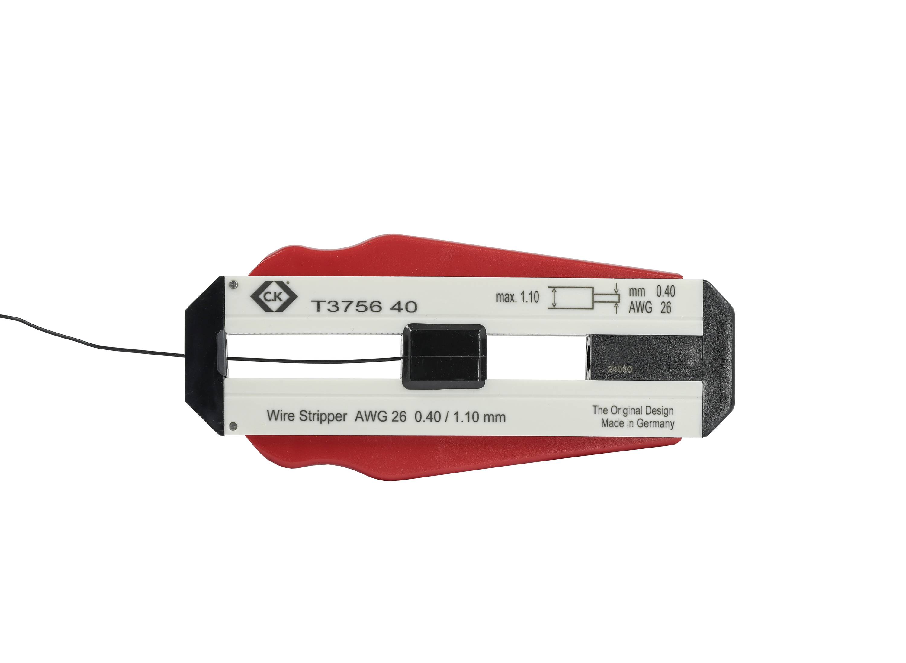 Drahtschneider C.K. max. 1,10 mm, AWG 26, Made in Germany. Hauptfarben: Rot und Weiß. Kunststoffgehäuse.