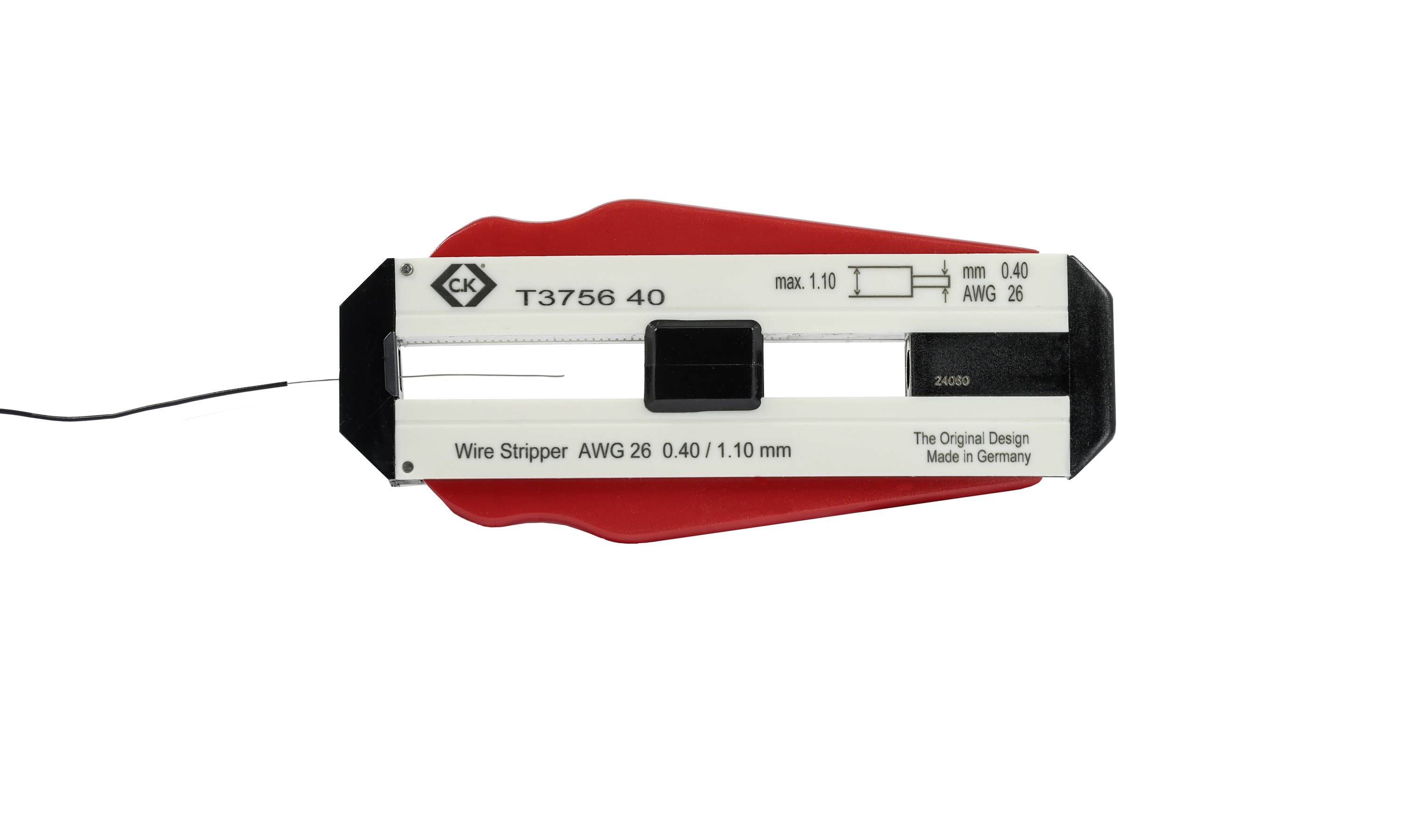 'Werkzeug zur Abisolierung' mit Aufschrift: 'Wire Stripper AWG 26 0,40/1,10 mm'. Designed für Kabel bis max. 1,10 mm.