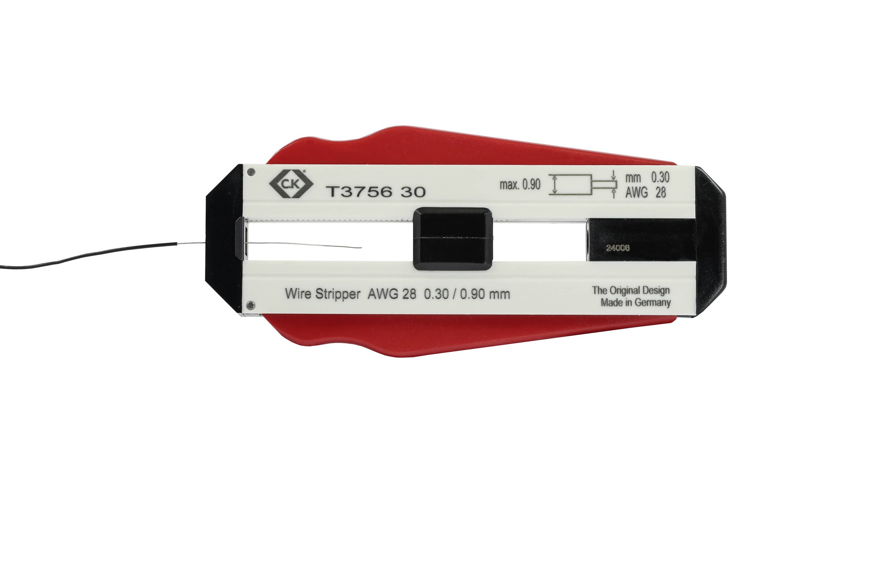 Drahtabisolierer mit der Bezeichnung 'T3756 30'. Geeignet für Drähte mit Durchmessern von 0,30 mm und AWG 28. Hergestellt in Deutschland.