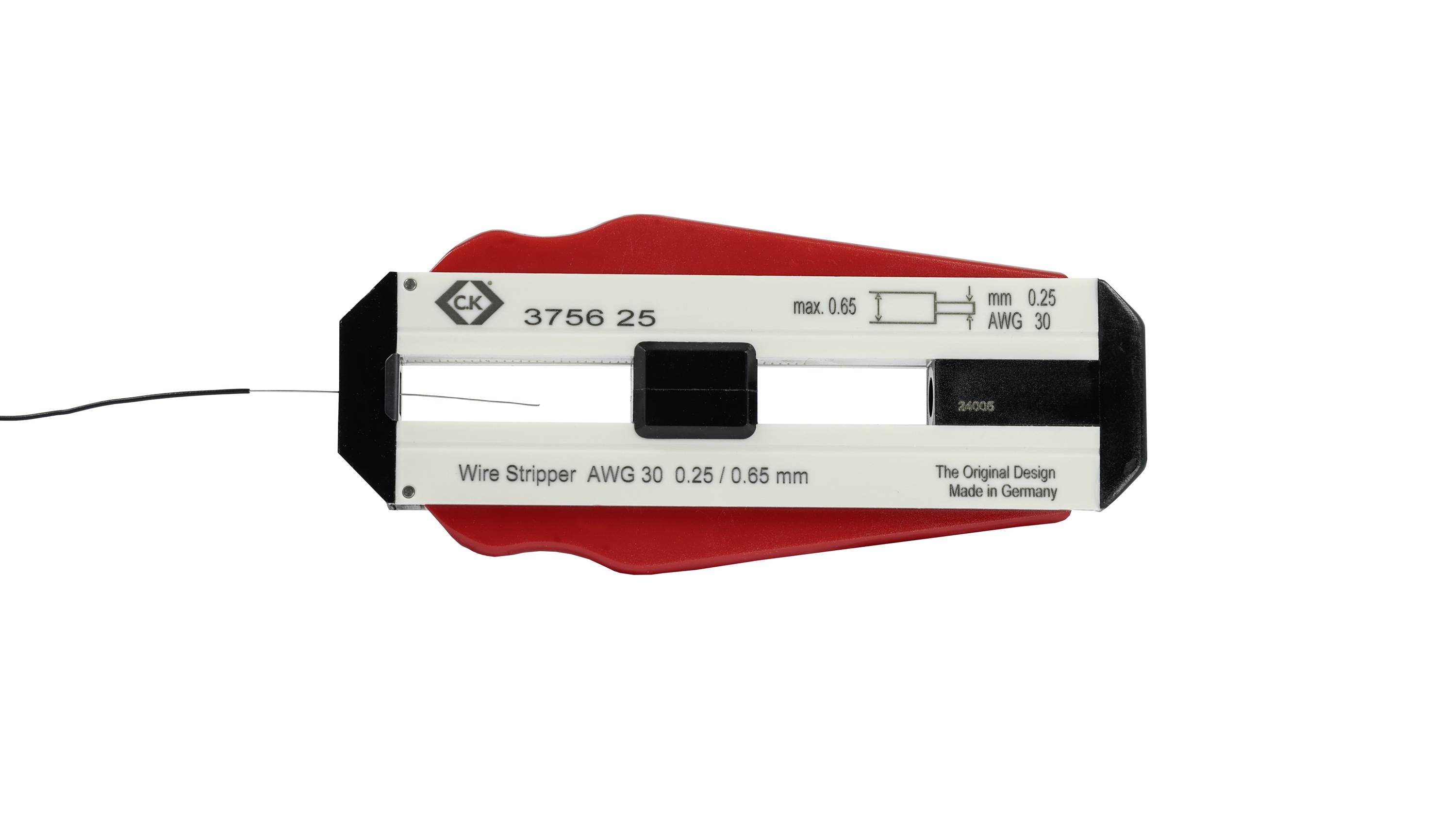 Drahtabisolierer für AWG 30, max. 0,65 mm Durchmesser, hergestellt in Deutschland. Schwarzer, roter Griff mit weißen Beschriftungen.