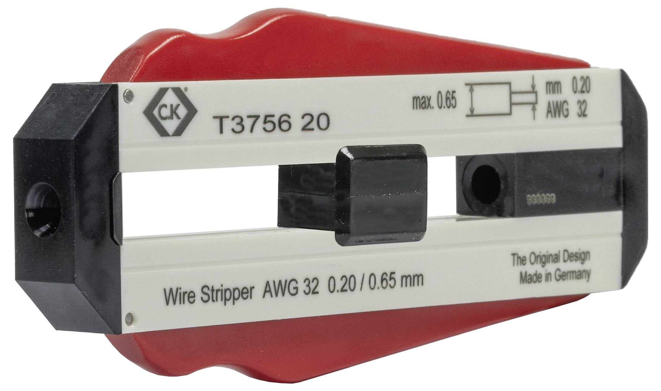 Abisolierzange, Modellnummer T3756 20, geeignet für Drahtstärken 0,20/0,65 mm und AWG 32. Hergestellt in Deutschland.