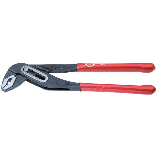 Eine rote Wasserpumpenzange mit verstellbarem Griff und gezahnten Backen, ideal für das Greifen und Drehen von Rohren und Muttern.