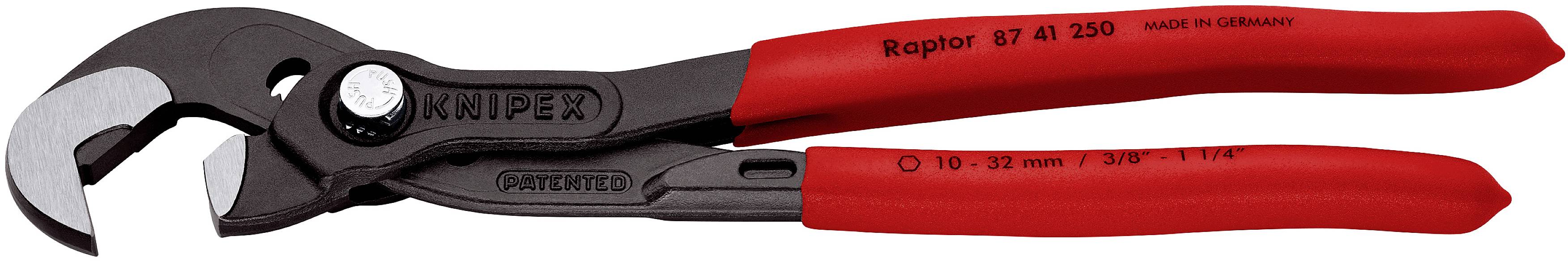 Rote KNIPEX Rohrzange mit schwarzem Kopf, Modell 'Raptor 87 41 250', geeignet für Verschraubungen von 10-32 mm, hergestellt in Deutschland.