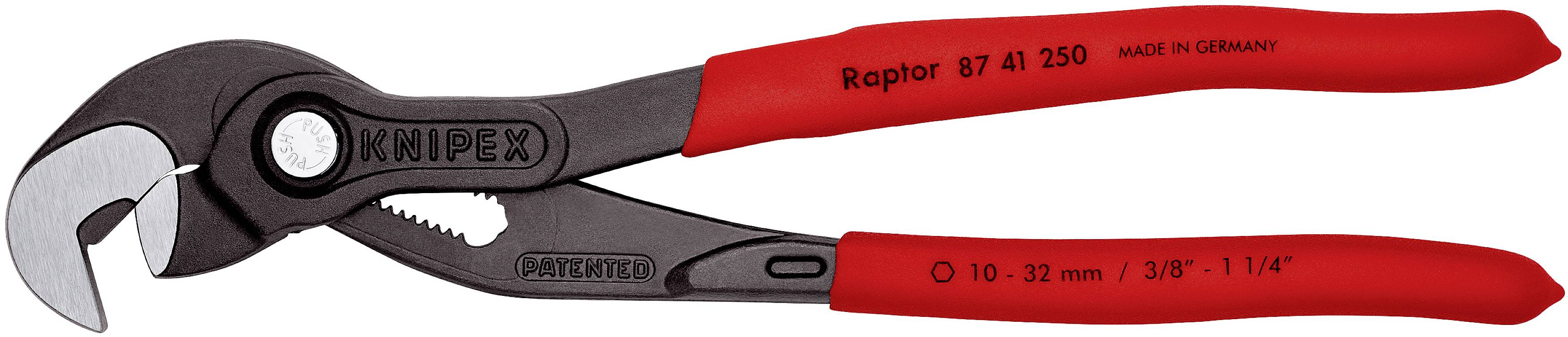 Eine rote Wasserpumpenzange der Marke Knipex mit Aufschrift 'Raptor' und Größenangaben.