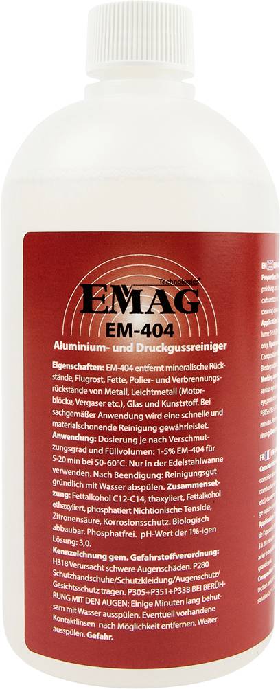 Weiße Flasche von EMAG EM-404 Aluminium- und Schmutzreiniger mit rotem Etikett und Sicherheitsanweisungen in Deutsch.
