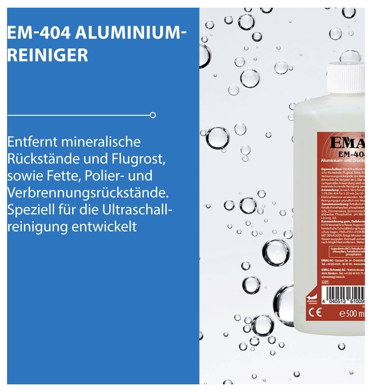 Werbegrafik für 'EM-404 Aluminium-Reiniger'; Text: entfernt mineralische Rückstände, Flugrost, Fette sowie Polier- und Verbindungsspuren, speziell für Ultraschallreinigung.