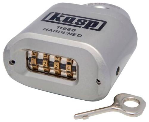 Ein Kombinationsvorhängeschloss mit silberner Oberfläche, auf der Oberseite mit „kasp 11960 Hardened