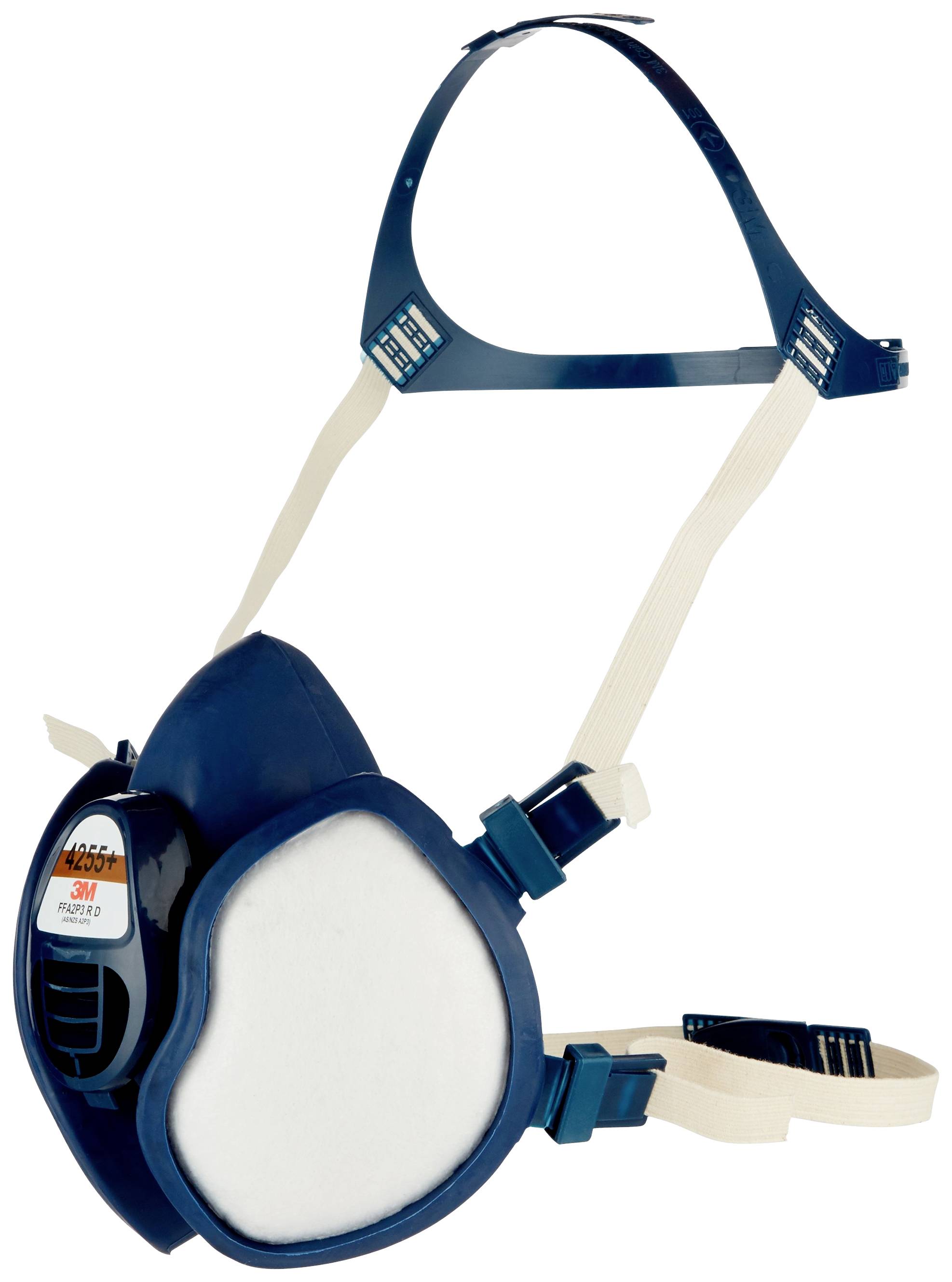 Halbmaske in Blau mit weißen Filtern und weißen Bändern. Schützt vor Schadstoffen und Partikeln. Geeignet für Arbeitsumgebungen.